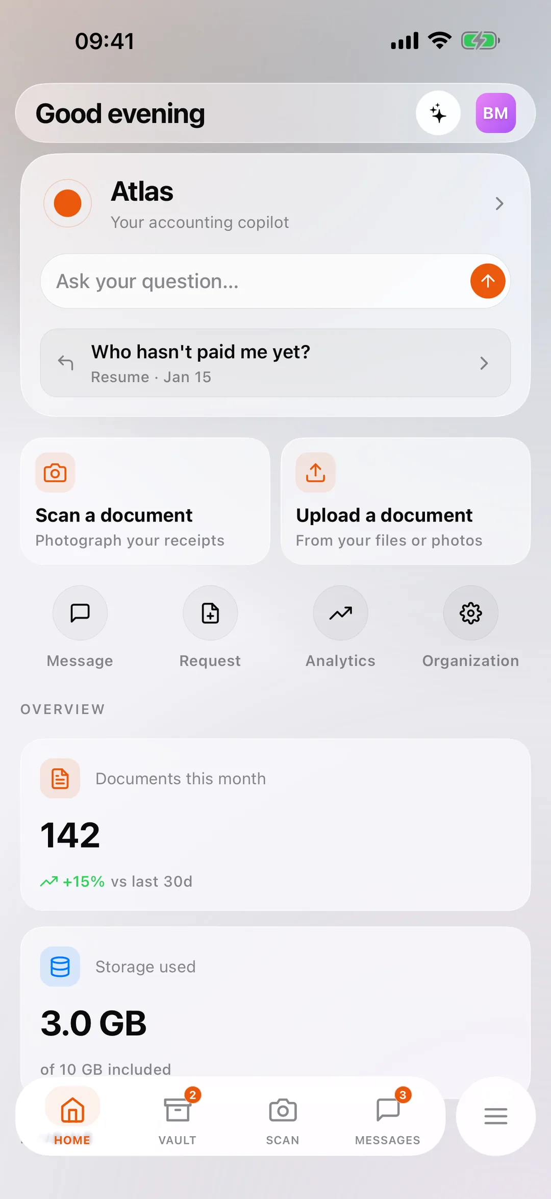 The React Box mobile app home screen: Atlas at the top, document scanning and import, and the month's counters.