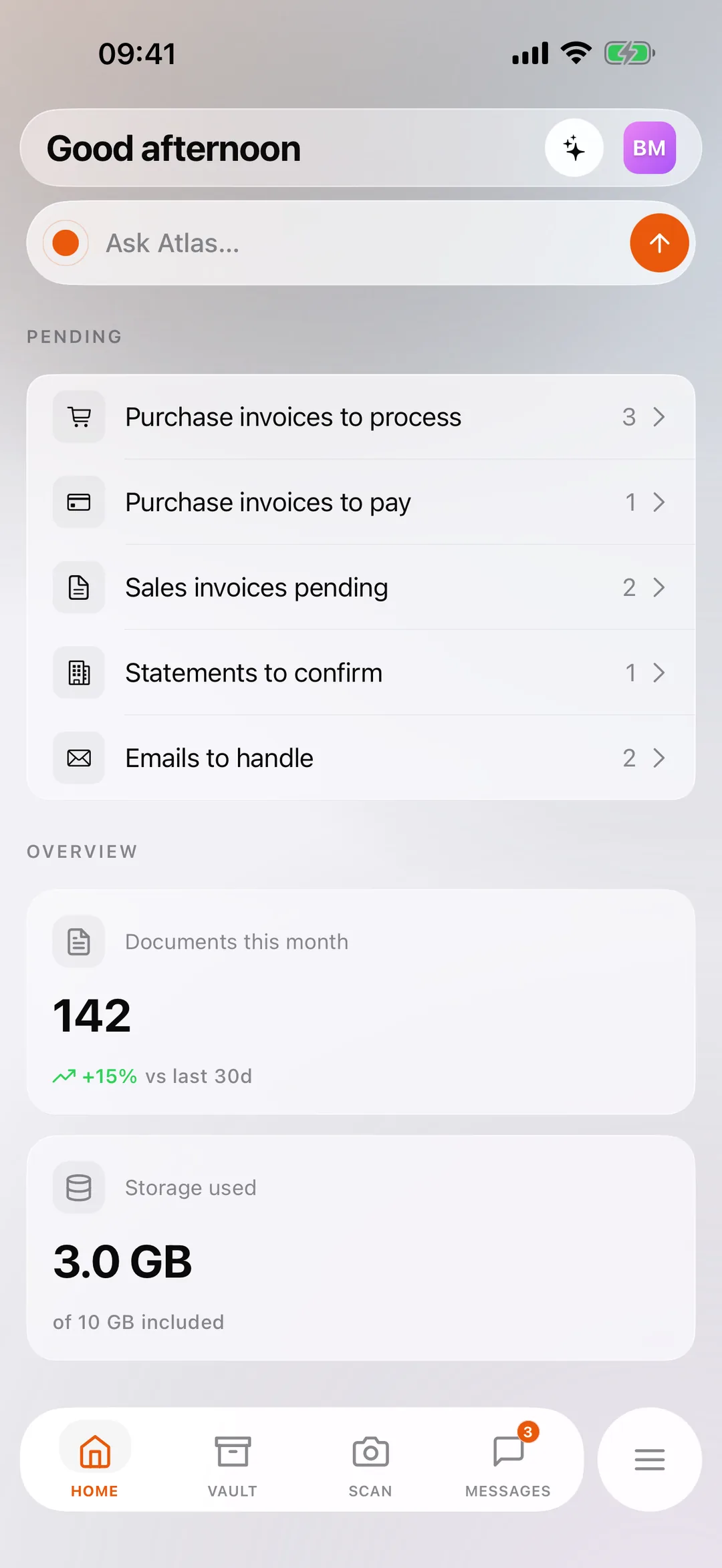 The React Box mobile app home screen: Atlas at the top, document scanning and import, and the month's counters.
