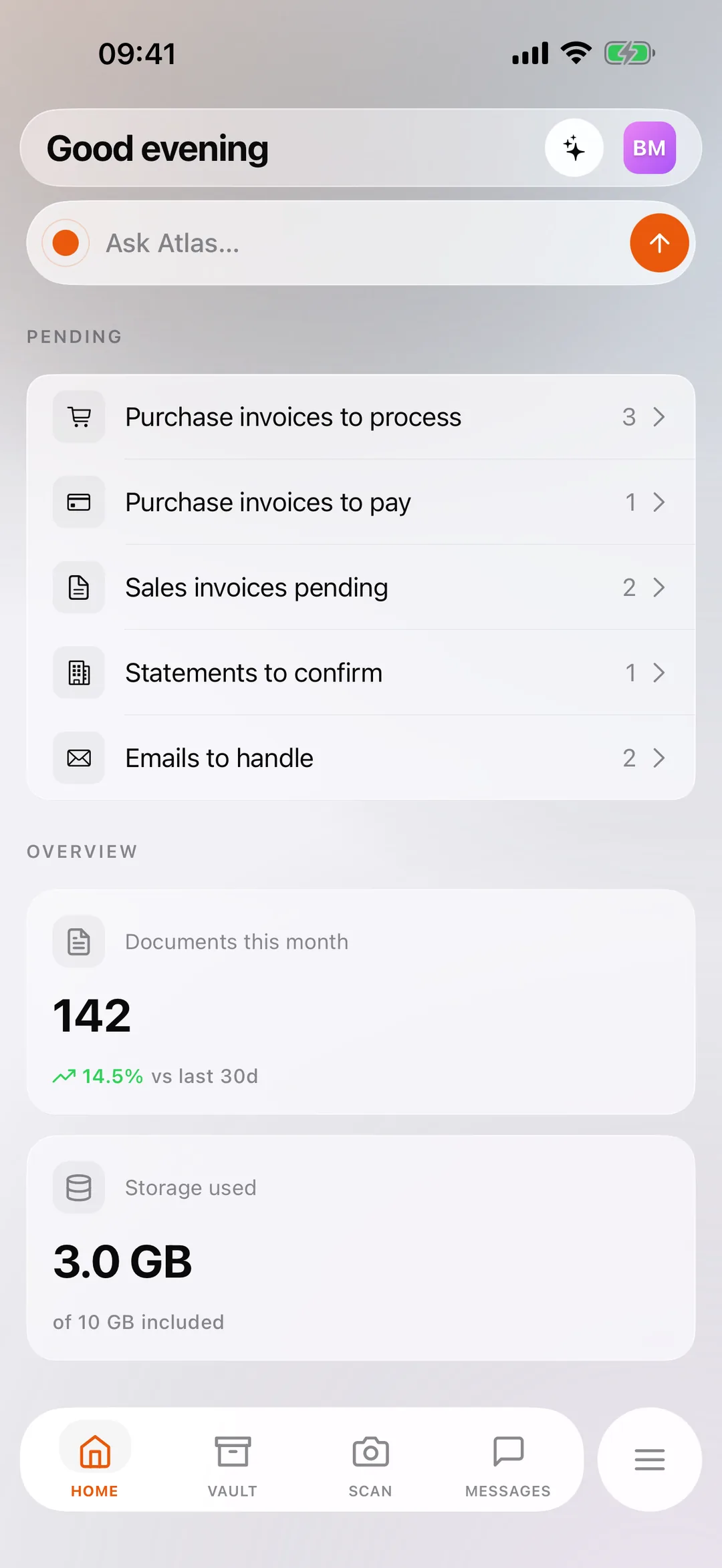 The React Box mobile app home screen: Atlas at the top, document scanning and import, and the month's counters.
