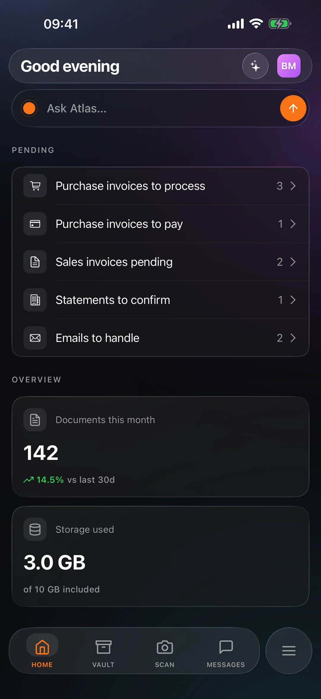 The React Box mobile app home screen: Atlas at the top, document scanning and import, and the month's counters.