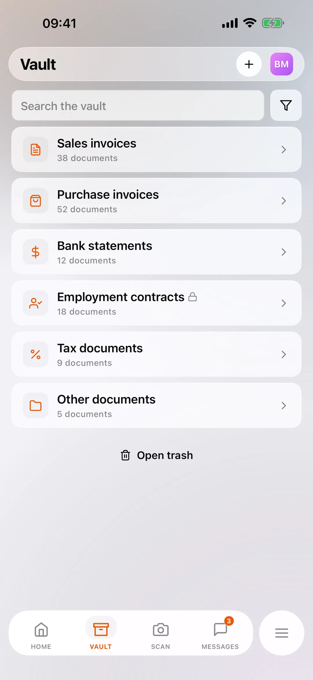 The vault in the React Box mobile app, with the same folders as on the web.