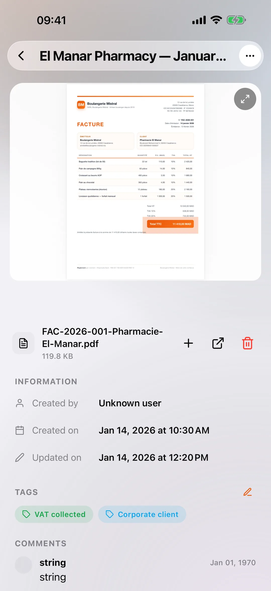 A vault document opened in the React Box mobile app, with its tags and activity log.