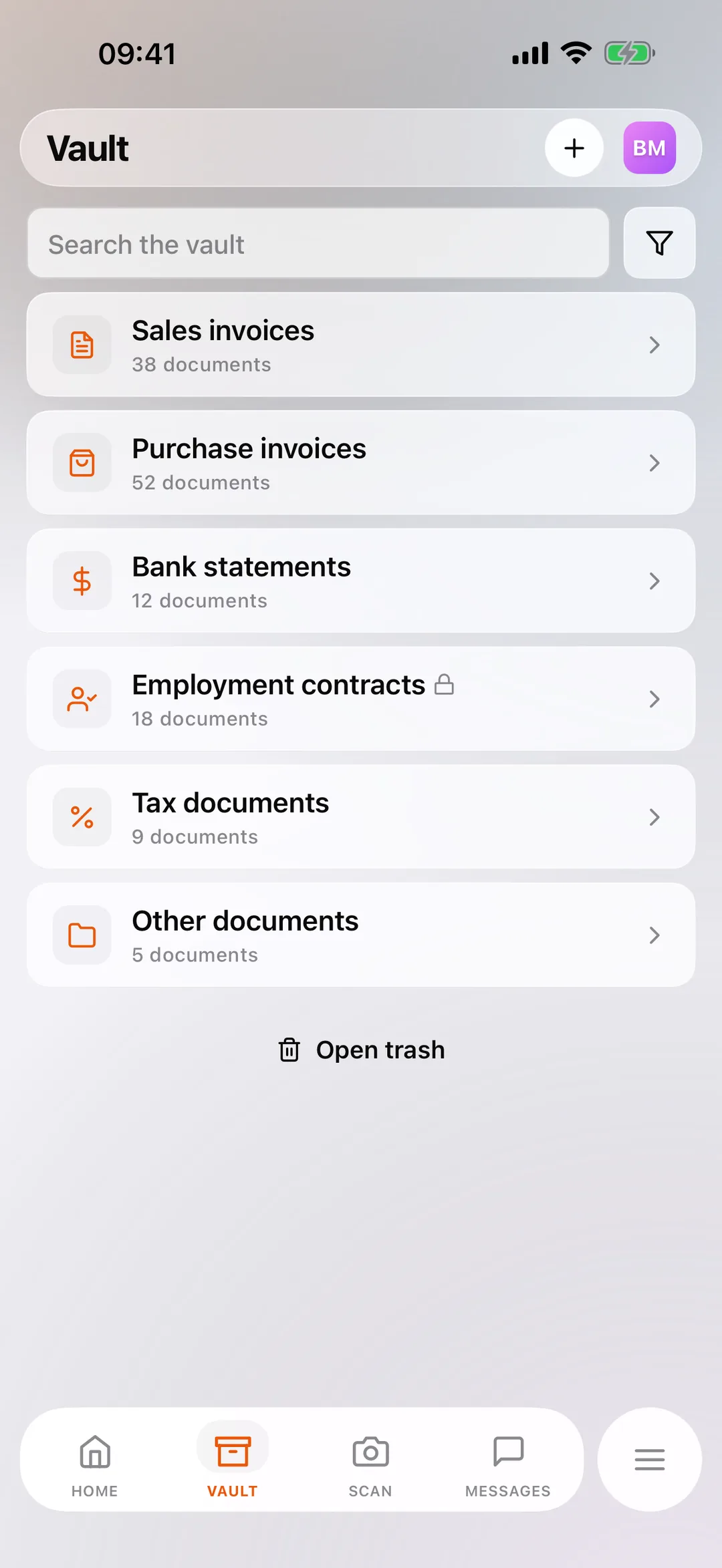 The vault in the React Box mobile app, with the same folders as on the web.
