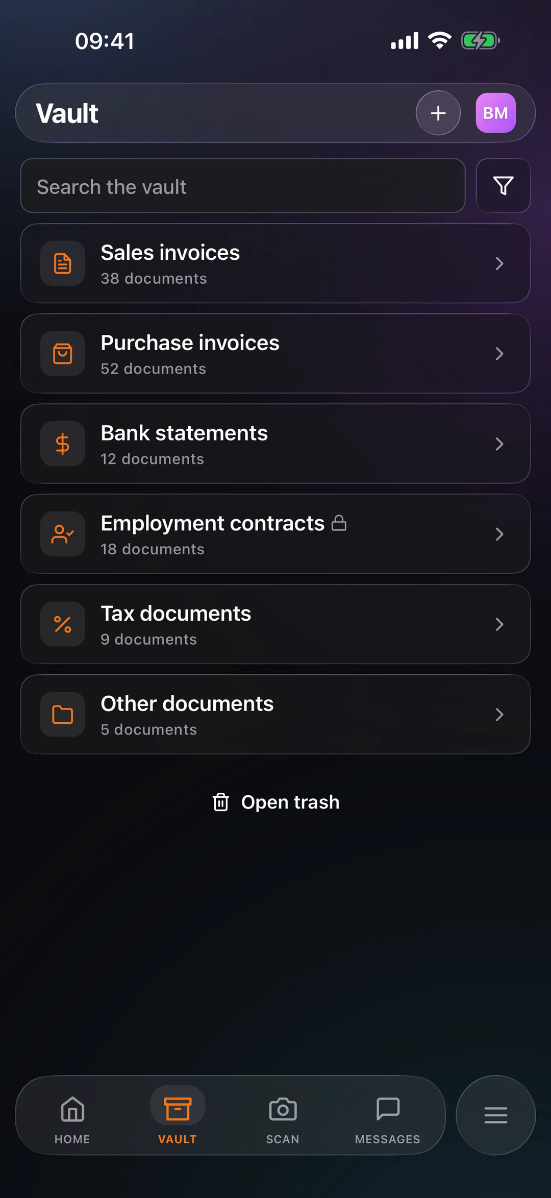 The vault in the React Box mobile app, with the same folders as on the web.