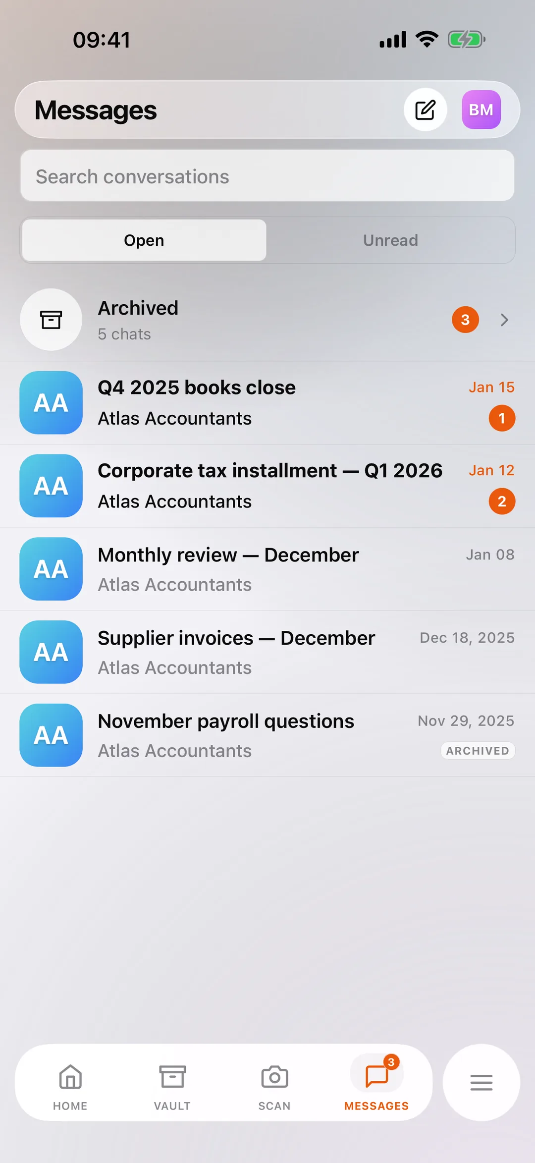 The list of conversations with the firm in the React Box mobile app, with unread messages.
