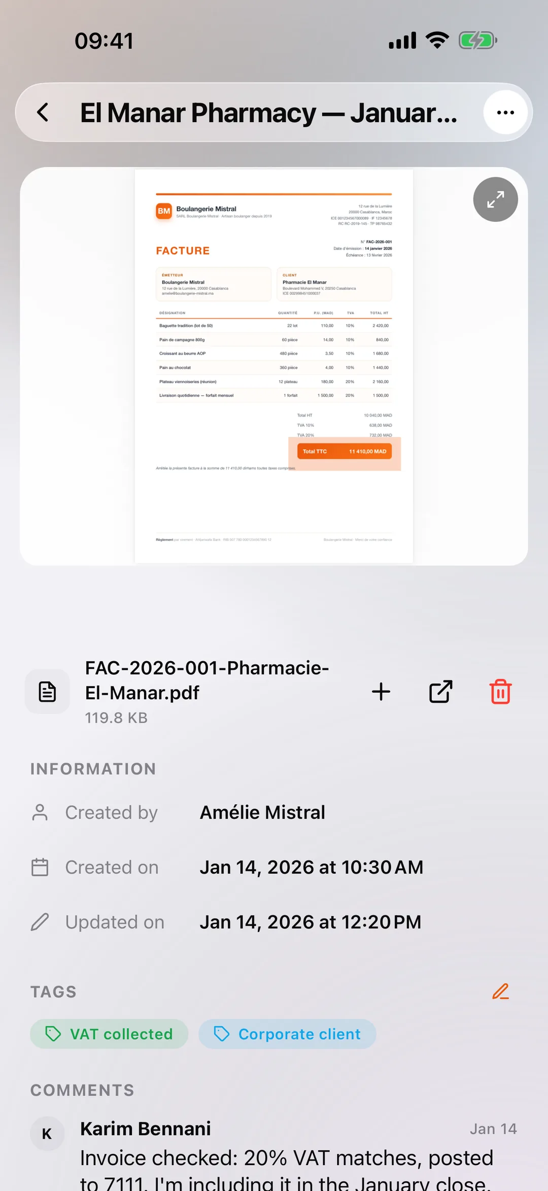 A vault document opened in the React Box mobile app, with its tags and activity log.