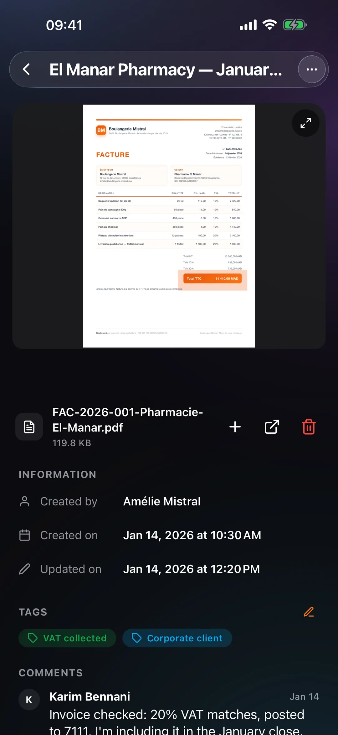 A vault document opened in the React Box mobile app, with its tags and activity log.