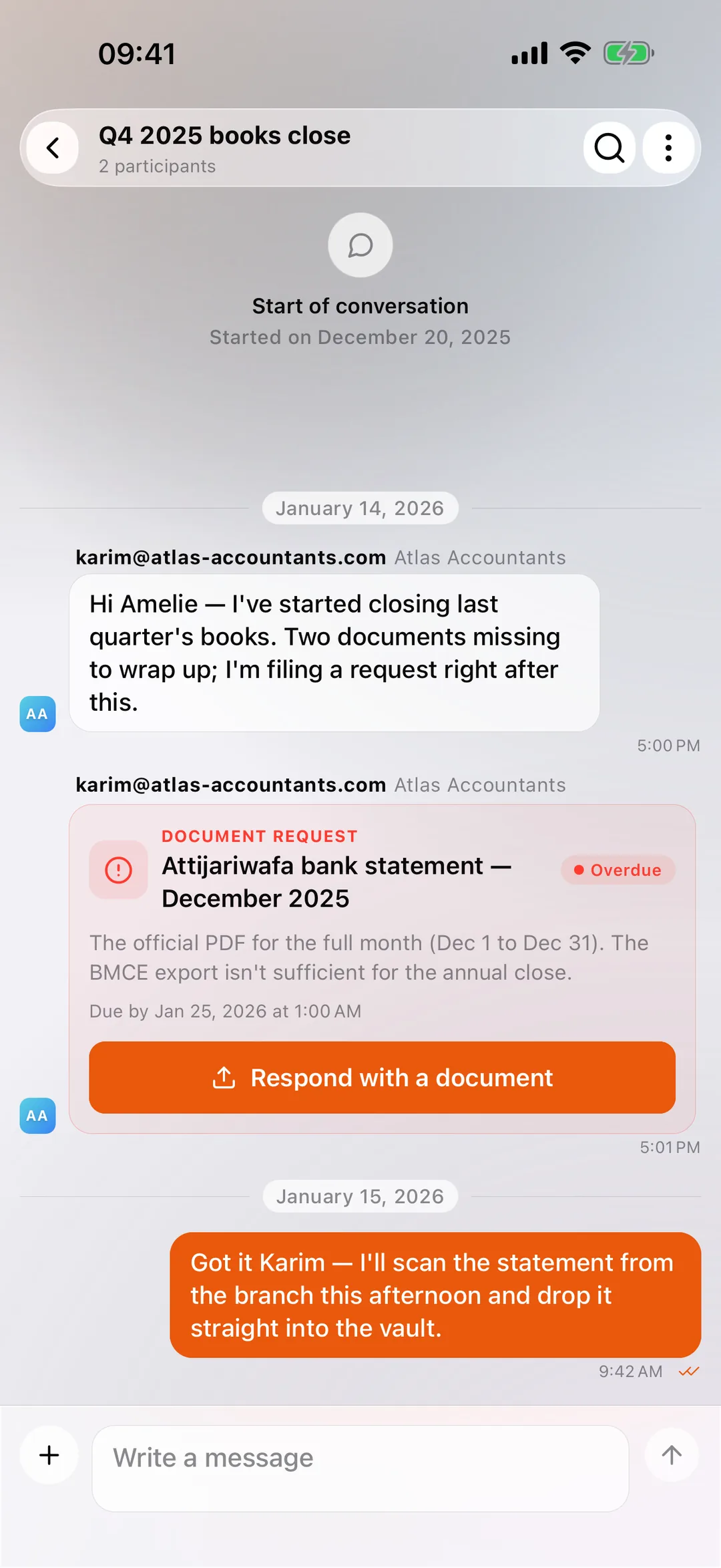 A thread with the accounting firm in the React Box mobile app, with a document request received in the conversation.