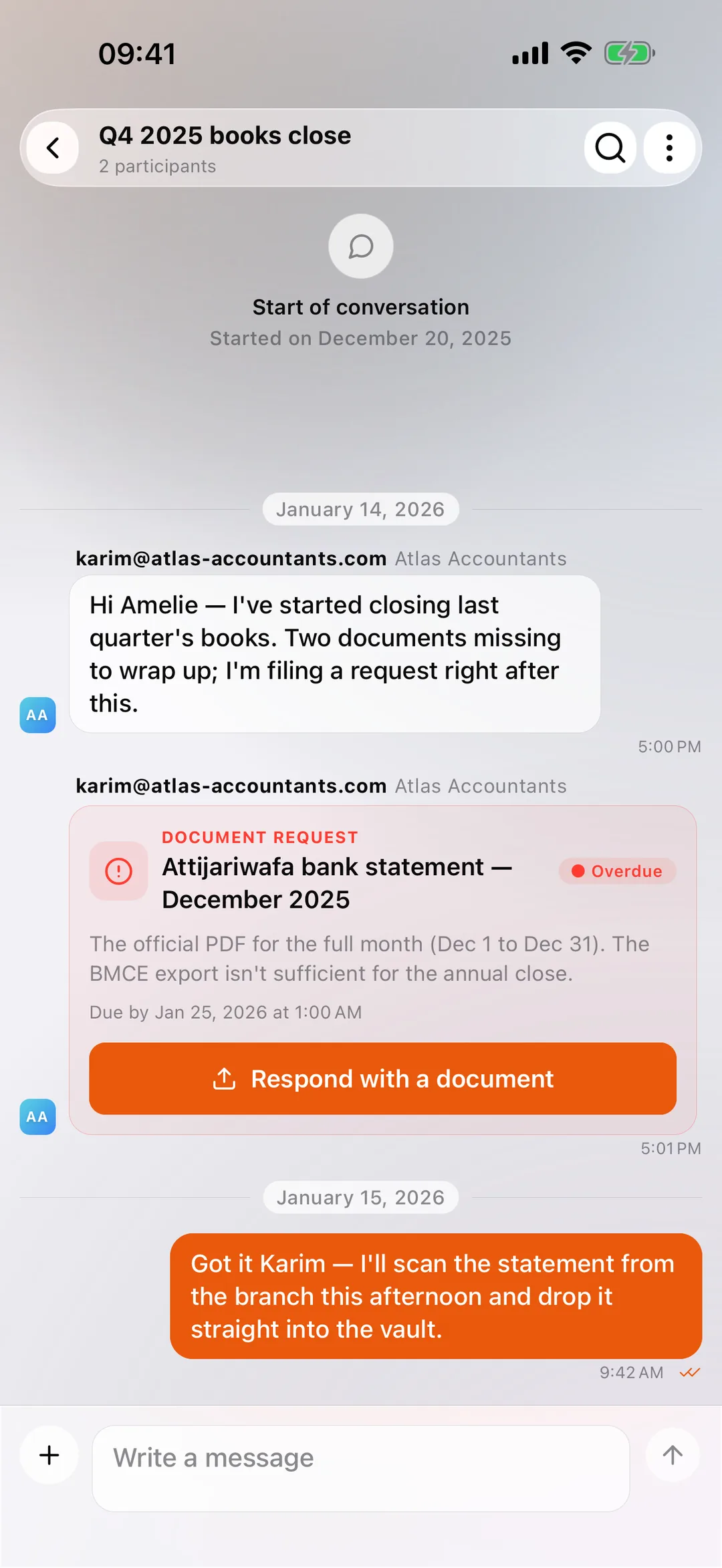 A thread with the accounting firm in the React Box mobile app, with a document request received in the conversation.