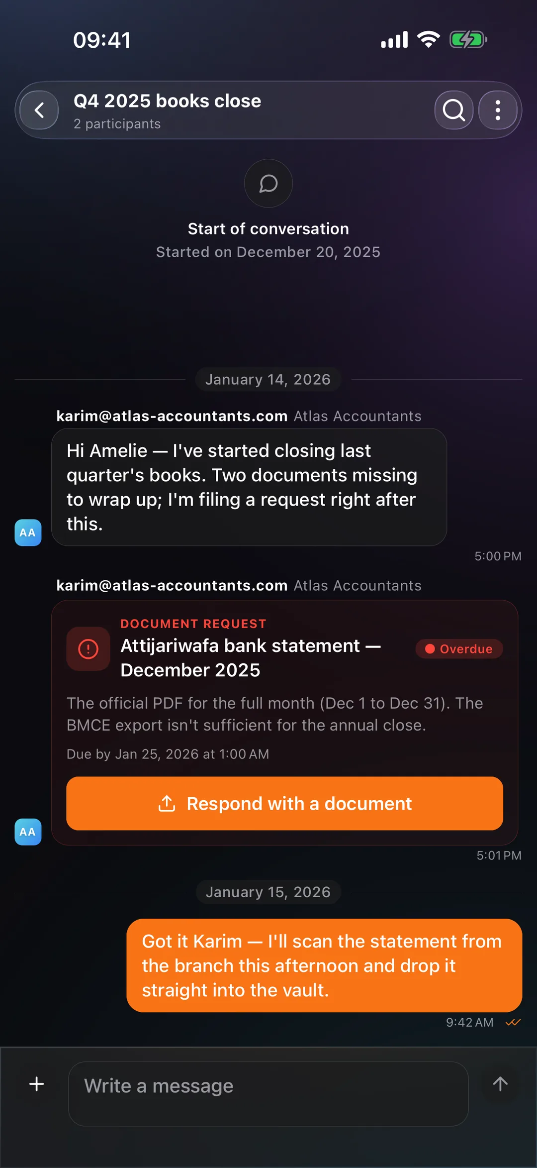 A thread with the accounting firm in the React Box mobile app, with a document request received in the conversation.