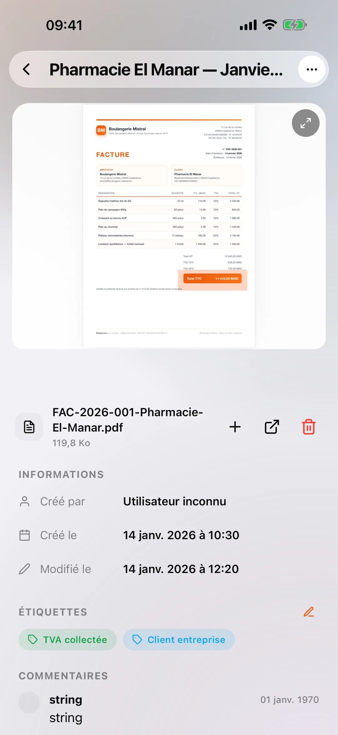 Une pièce du coffre-fort ouverte dans l'application mobile React Box, avec ses étiquettes et son journal d'activité.