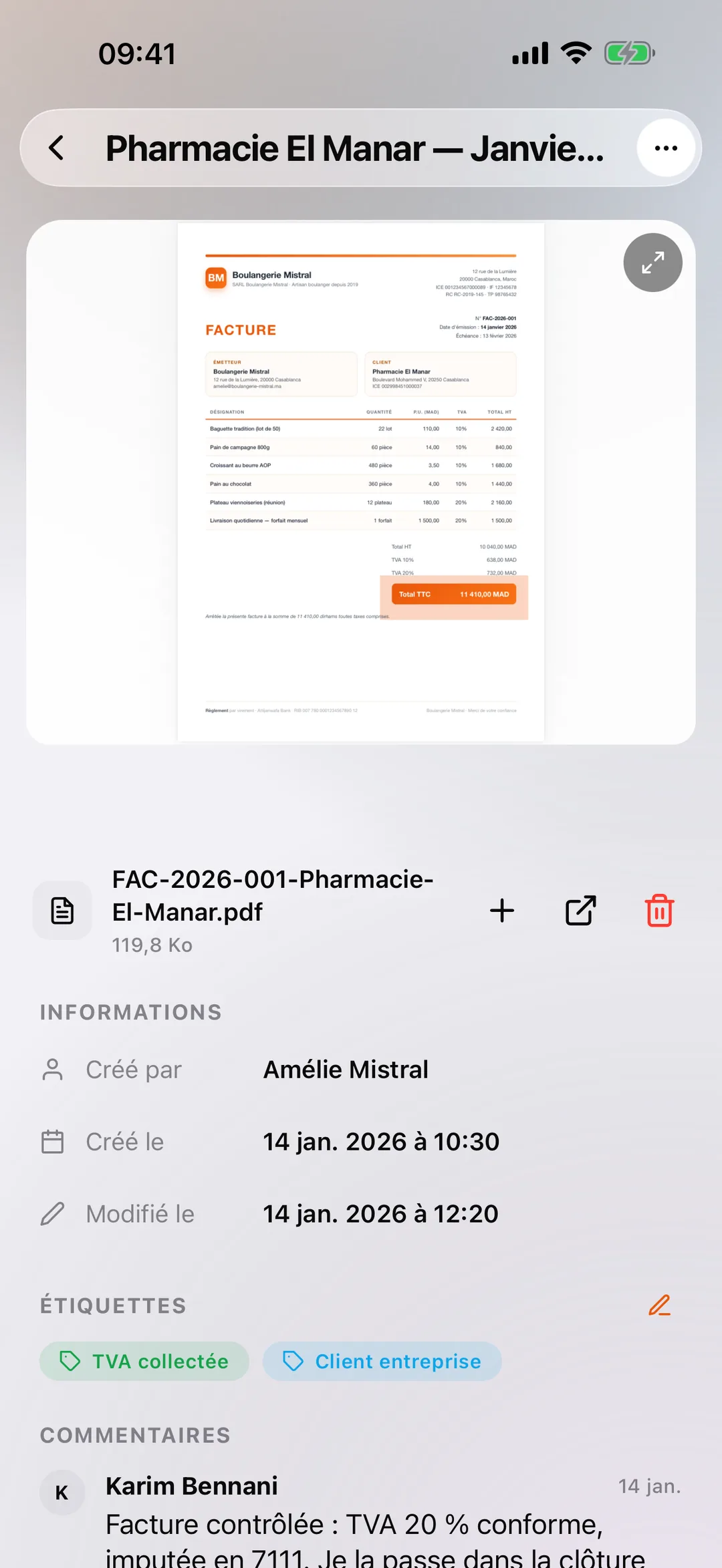 Une pièce du coffre-fort ouverte dans l'application mobile React Box, avec ses étiquettes et son journal d'activité.