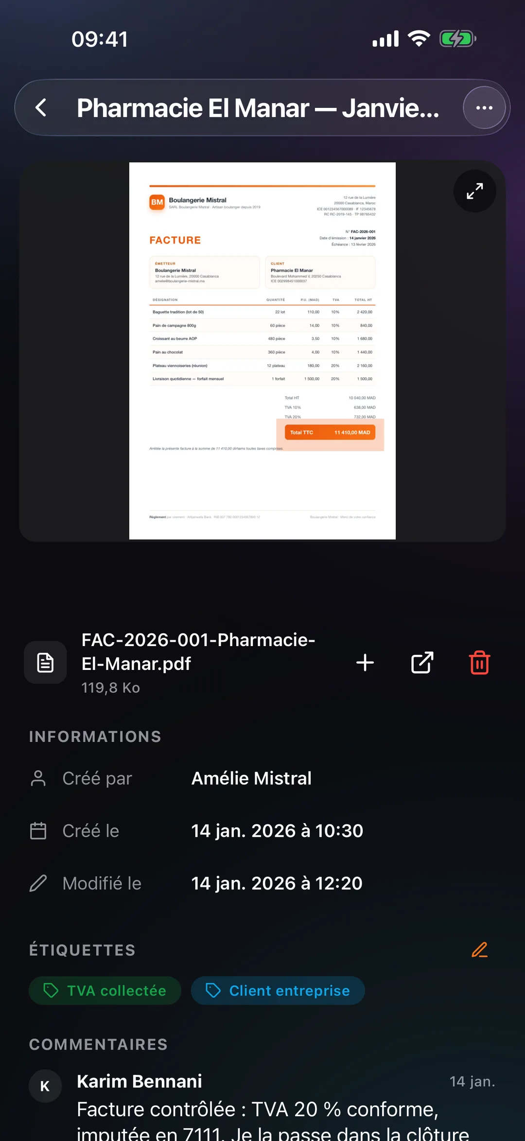 Une pièce du coffre-fort ouverte dans l'application mobile React Box, avec ses étiquettes et son journal d'activité.