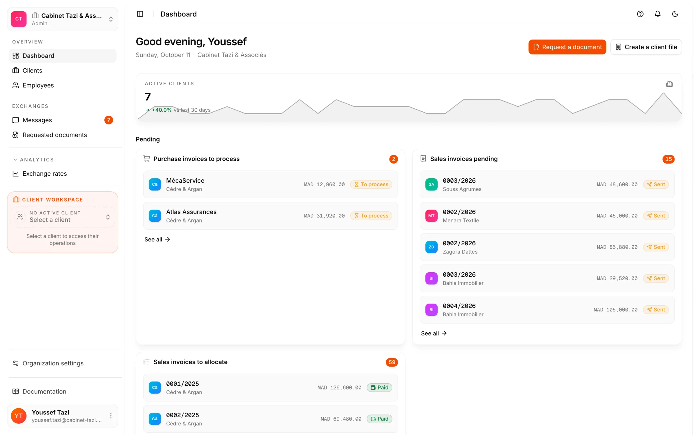 An accounting firm's dashboard in React Box: the portfolio of client files and what moved recently.
