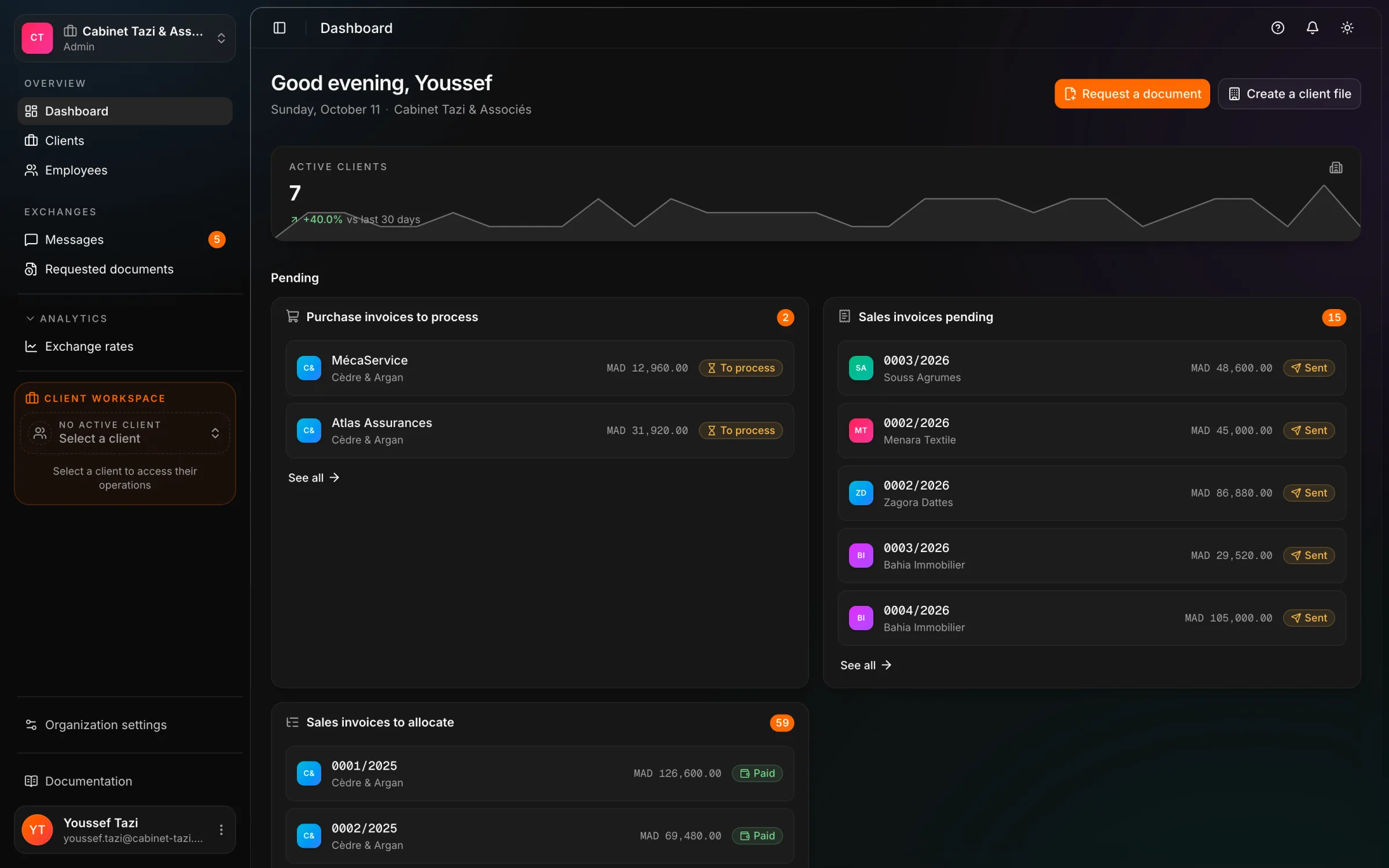 An accounting firm's dashboard in React Box: the portfolio of client files and what moved recently.