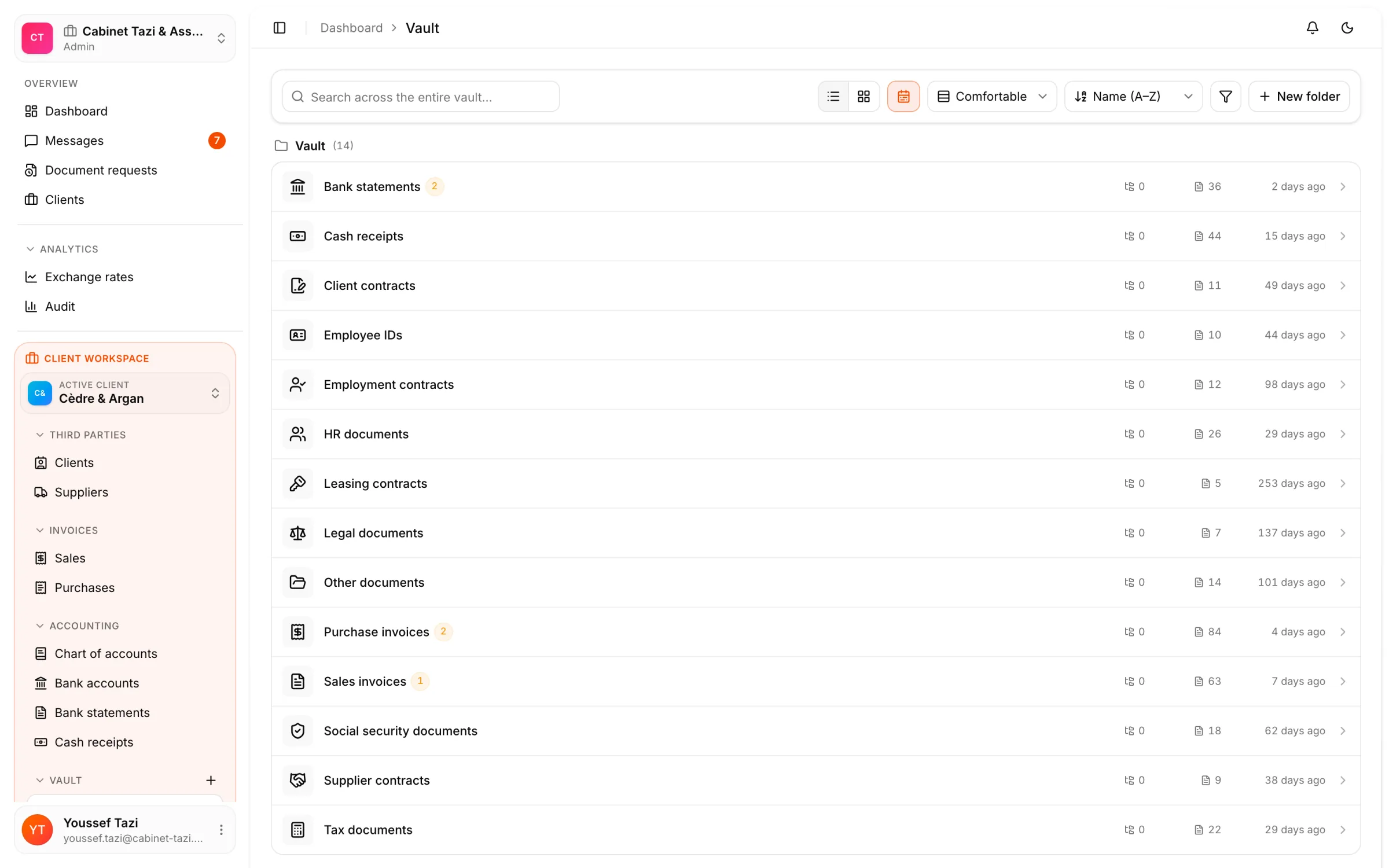 A client company's vault, seen from the firm's workspace in React Box.