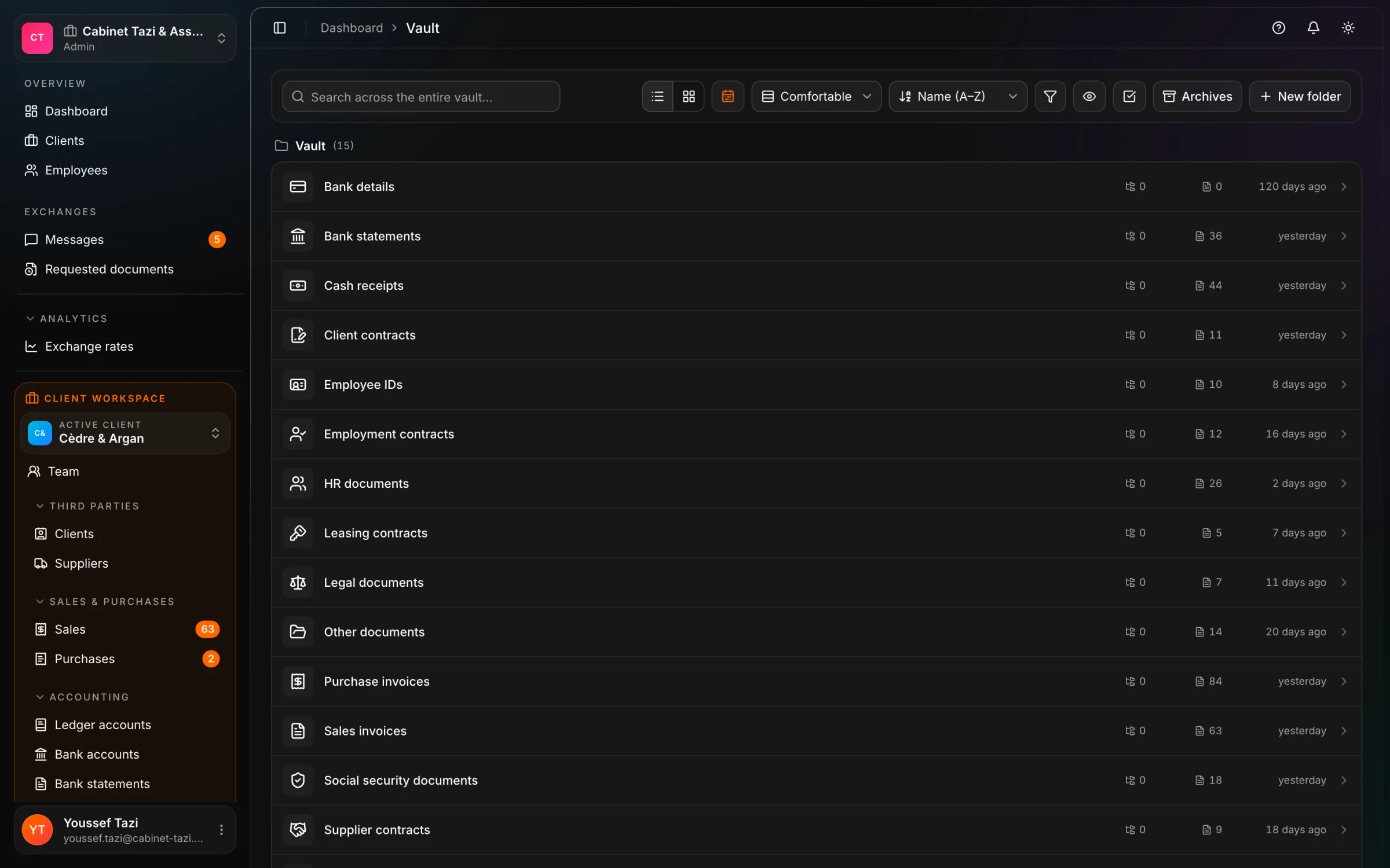 A client company's vault, seen from the firm's workspace in React Box.