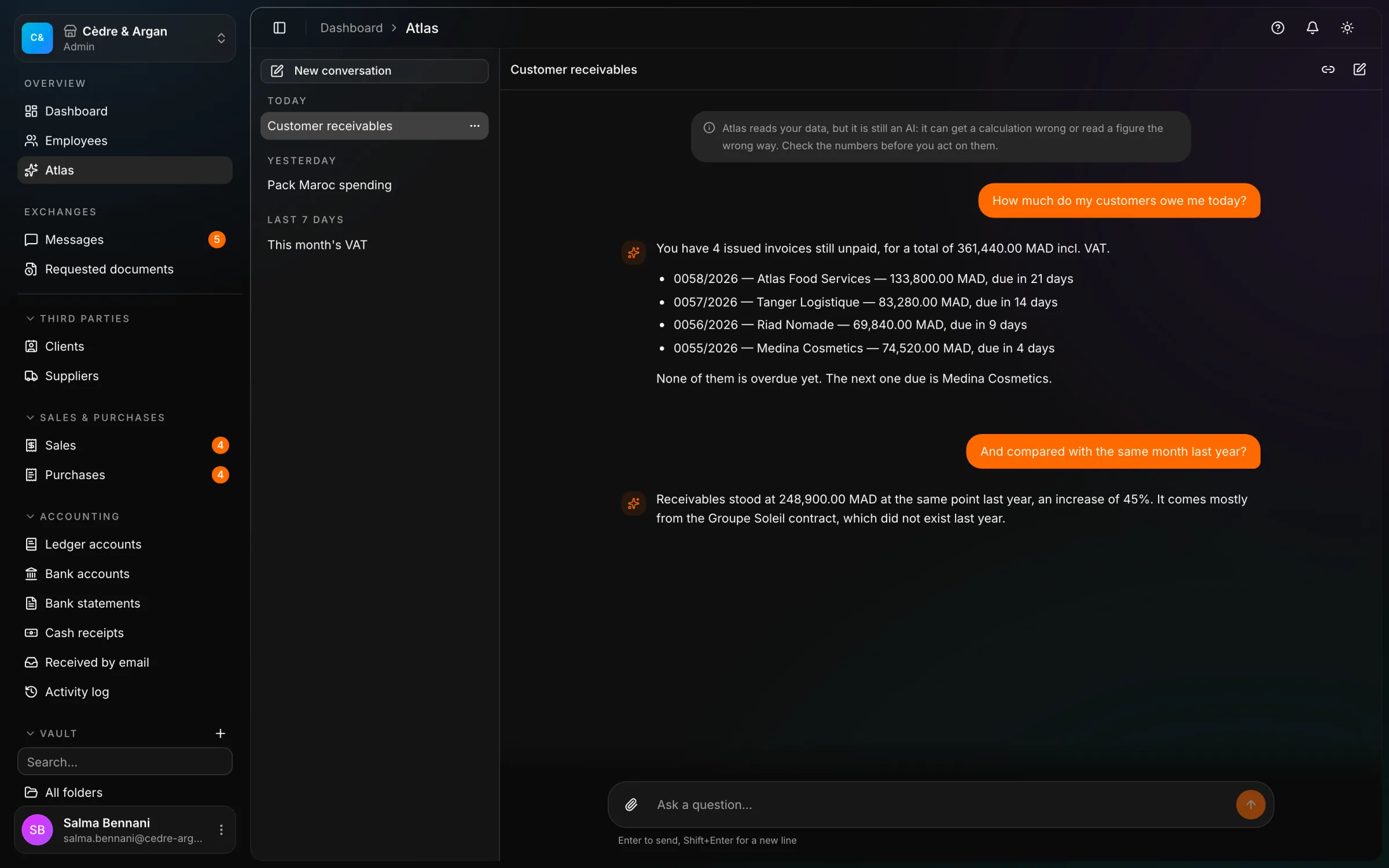 Atlas, the React Box assistant, answering "What is my outstanding balance today?" by listing the unpaid invoices, their amount and their due date.
