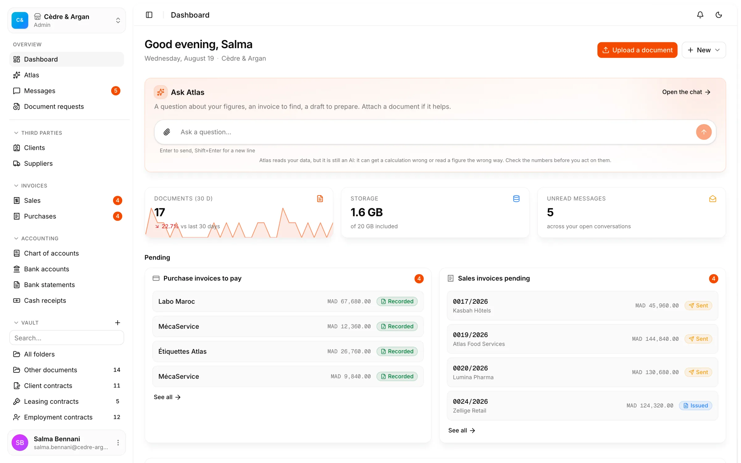 The React Box dashboard: the question asked to Atlas, the month's documents, storage in use, and the purchase and sales invoices waiting for an action.