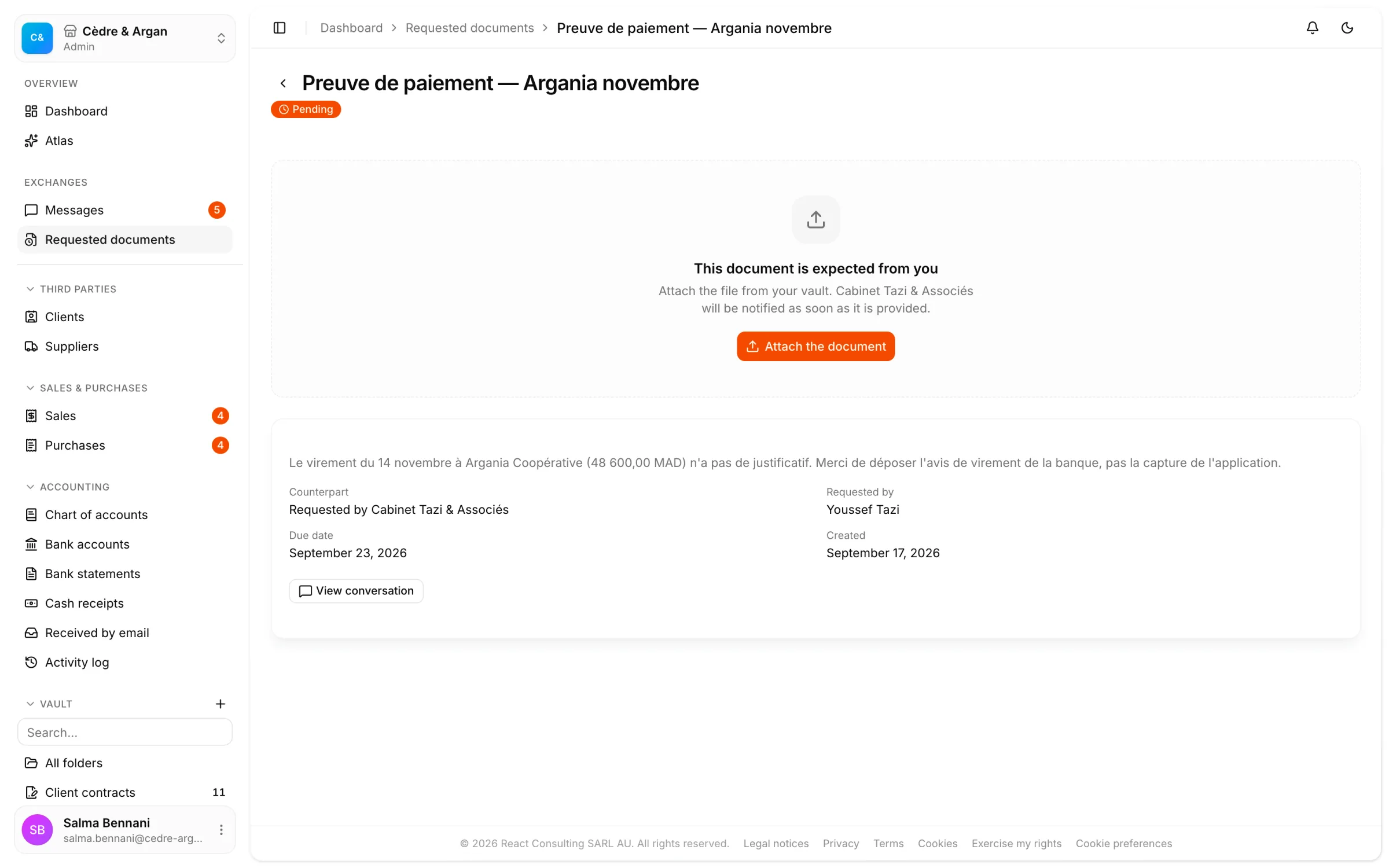 A document request opened in React Box: the expected document, who asked for it, the due date and what has been filed.
