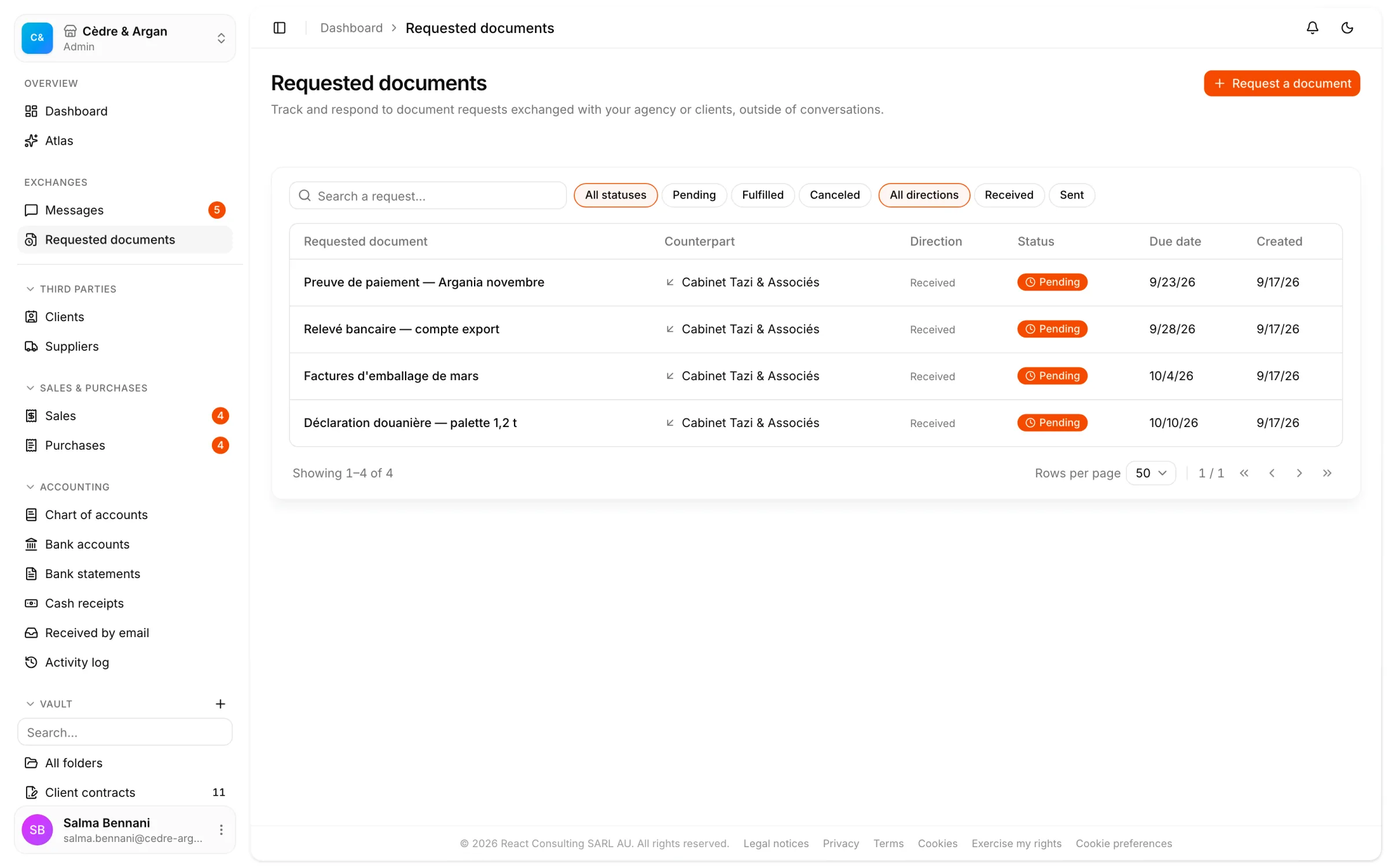 Open document requests in React Box, each with the expected document, its destination folder and its due date.