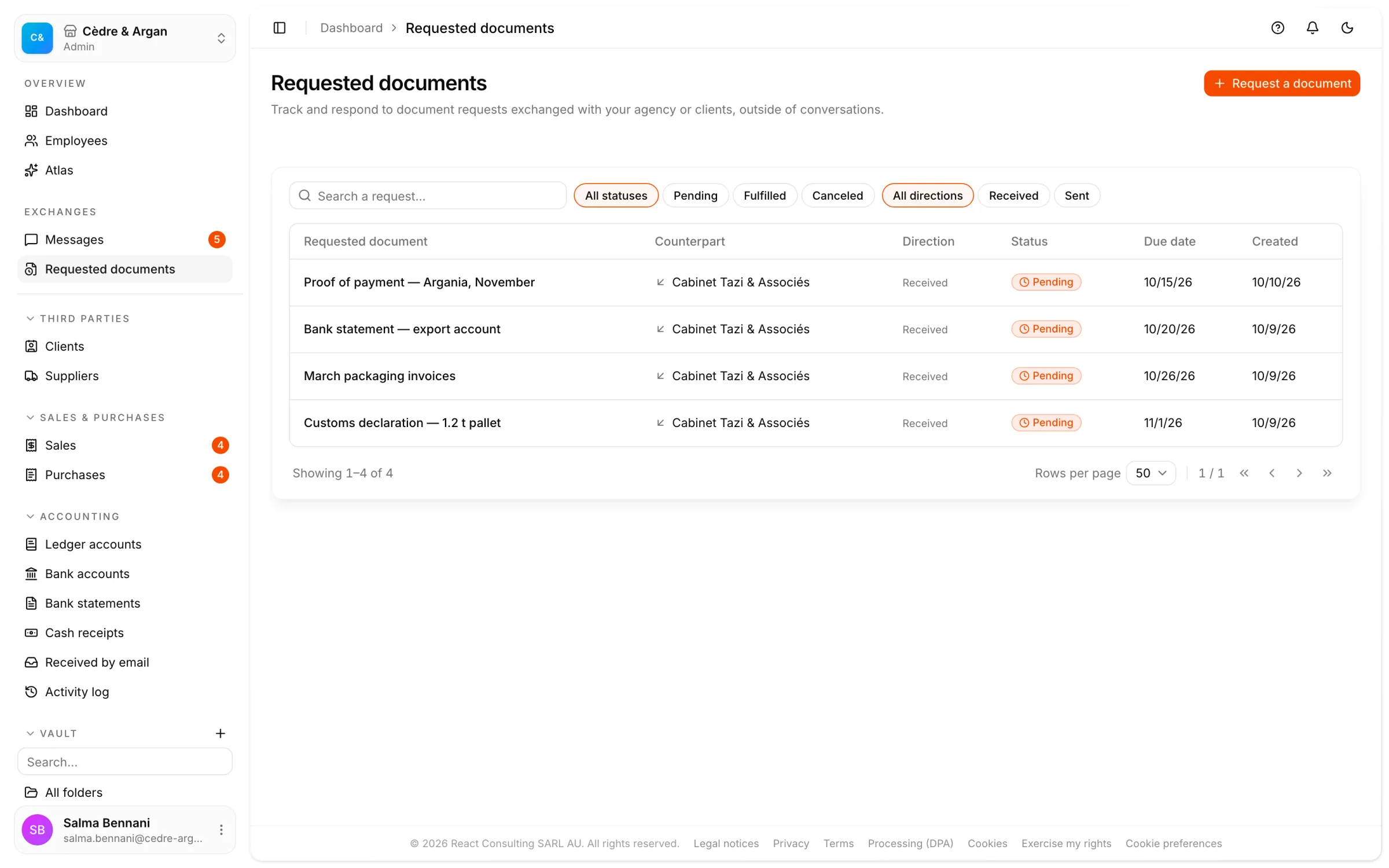 Open document requests in React Box, each with the expected document, its destination folder and its due date.