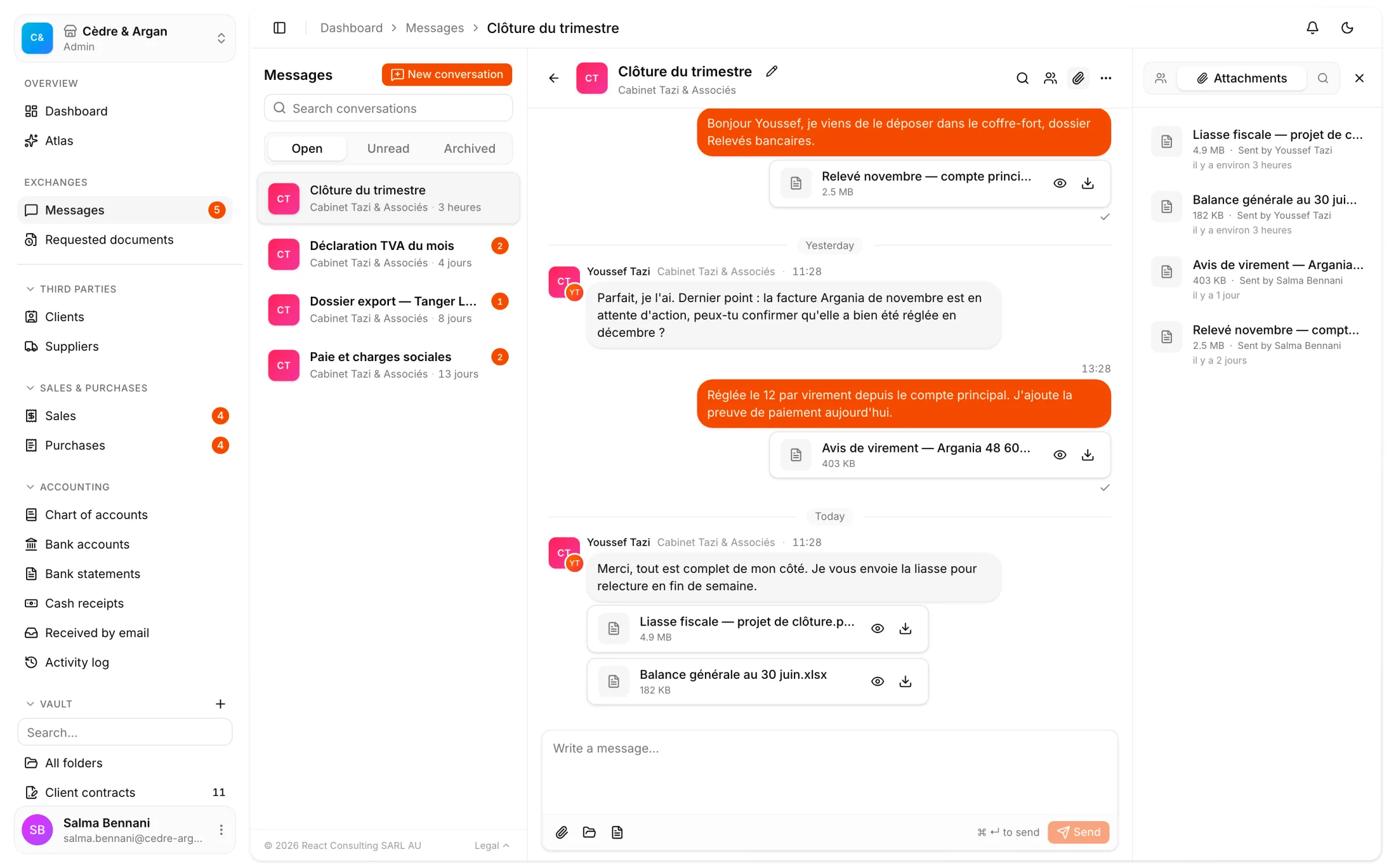 A conversation's attachments panel in React Box: every document exchanged with the firm, findable in one place.