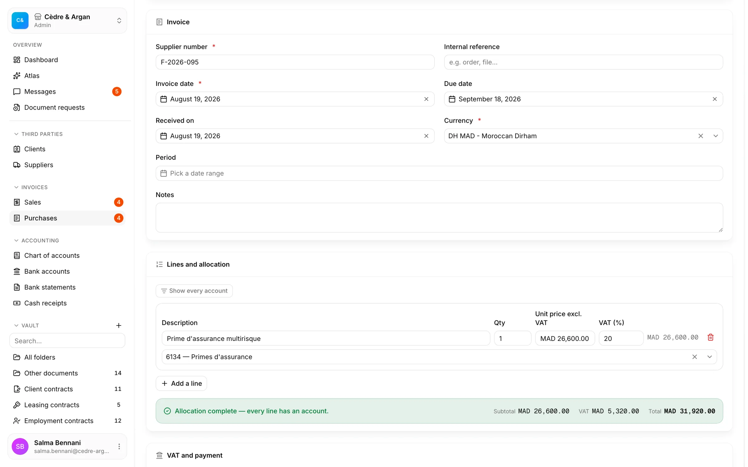 A purchase invoice read by the React Box OCR: supplier, dates and currency pre-filled, the detected line with its VAT and its expense account.