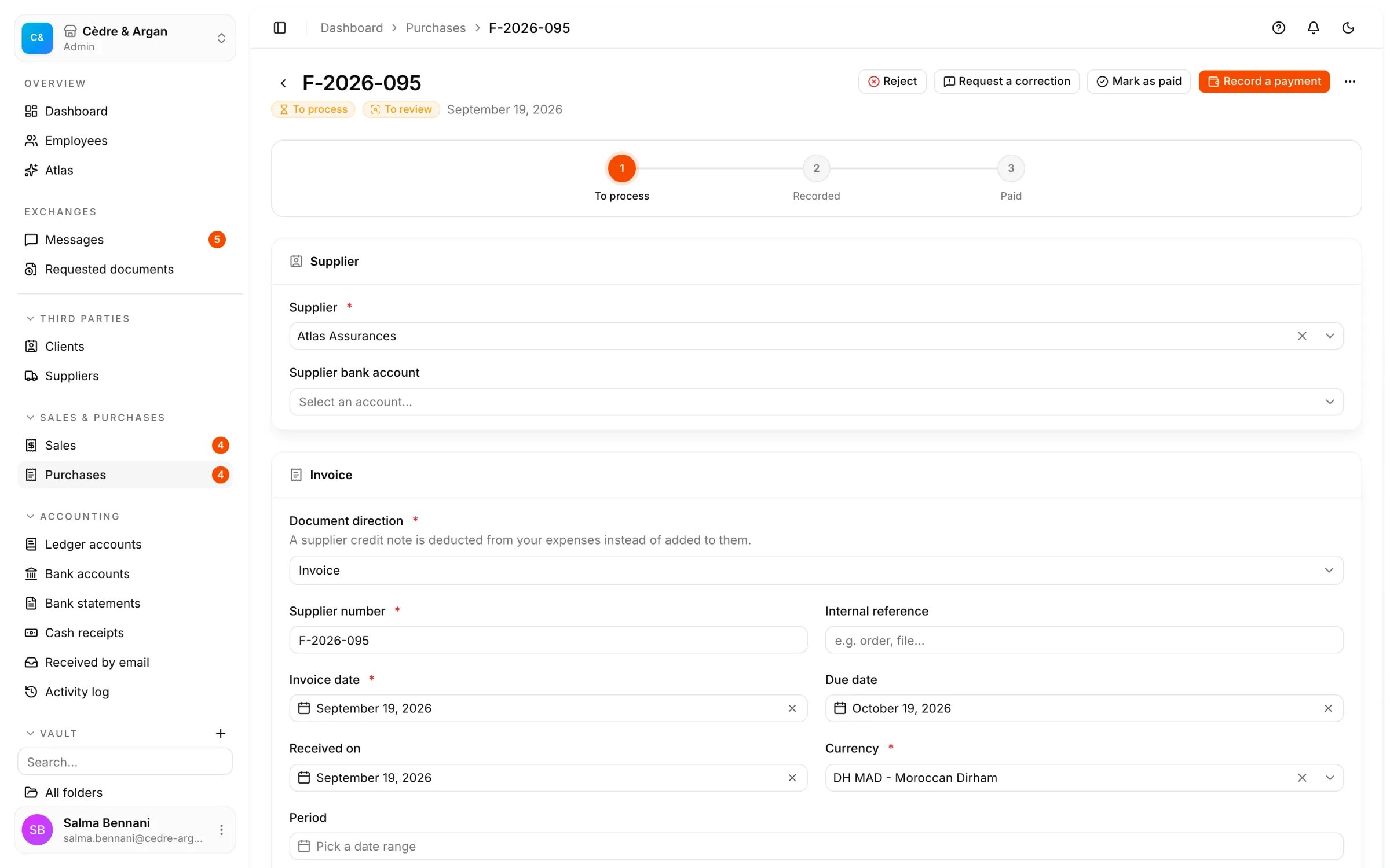 A purchase invoice read by the React Box OCR: supplier, dates and currency pre-filled, the detected line with its VAT and its expense account.