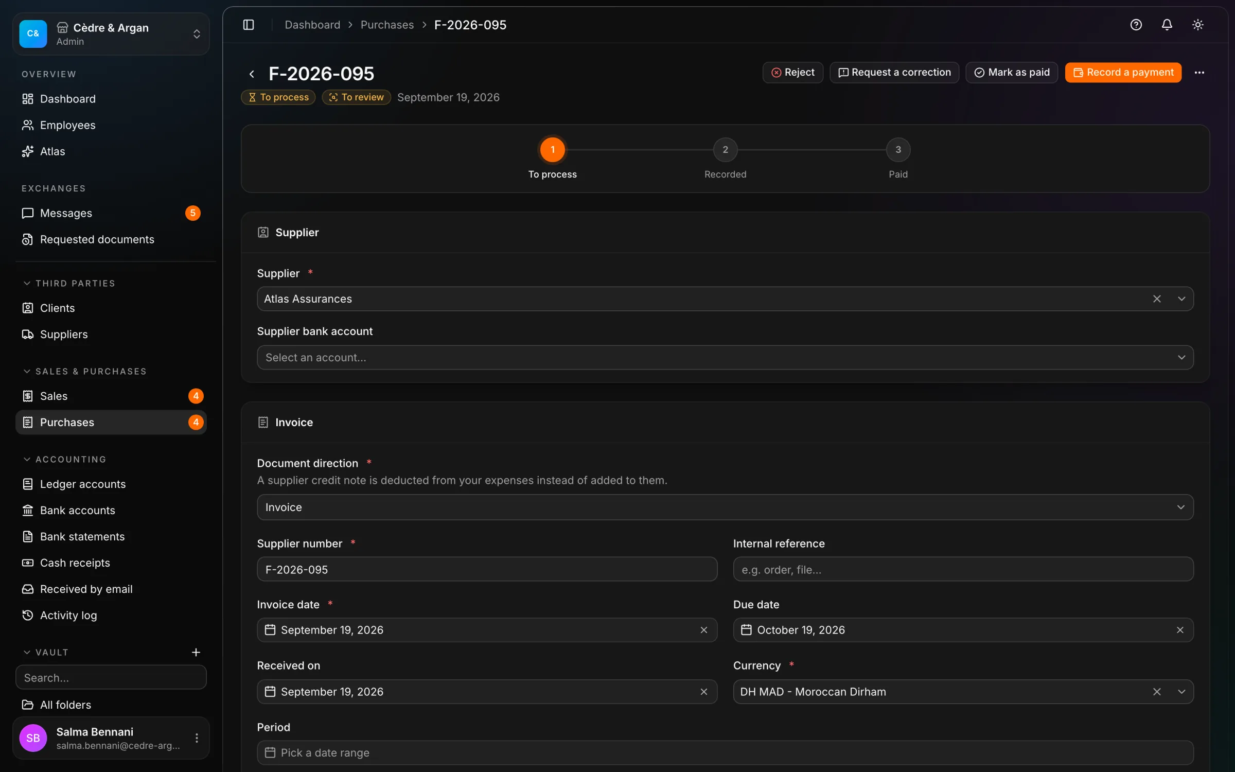 A purchase invoice read by the React Box OCR: supplier, dates and currency pre-filled, the detected line with its VAT and its expense account.