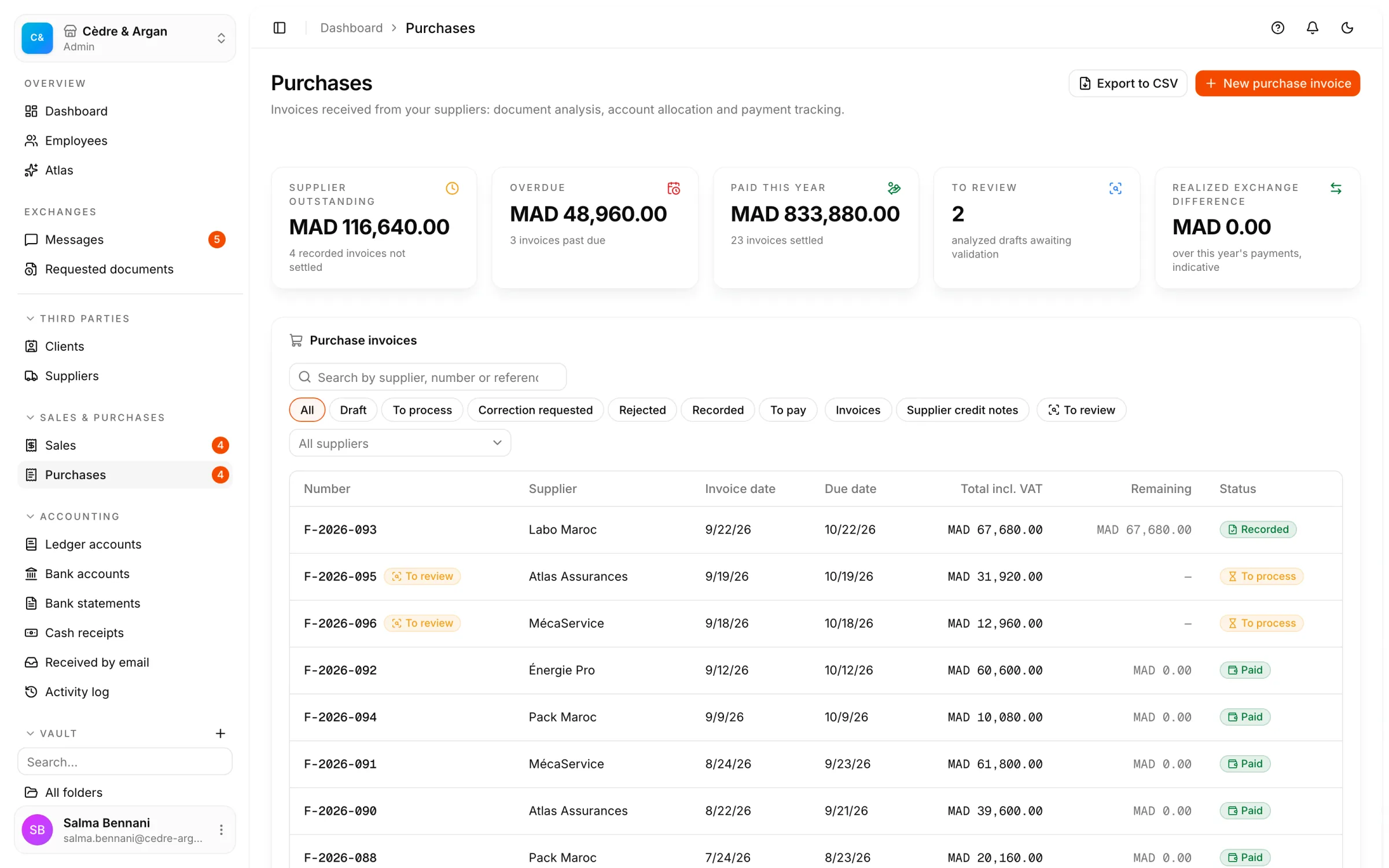 The purchase invoice list in React Box: to approve, to pay, overdue, each with its supplier and amount.