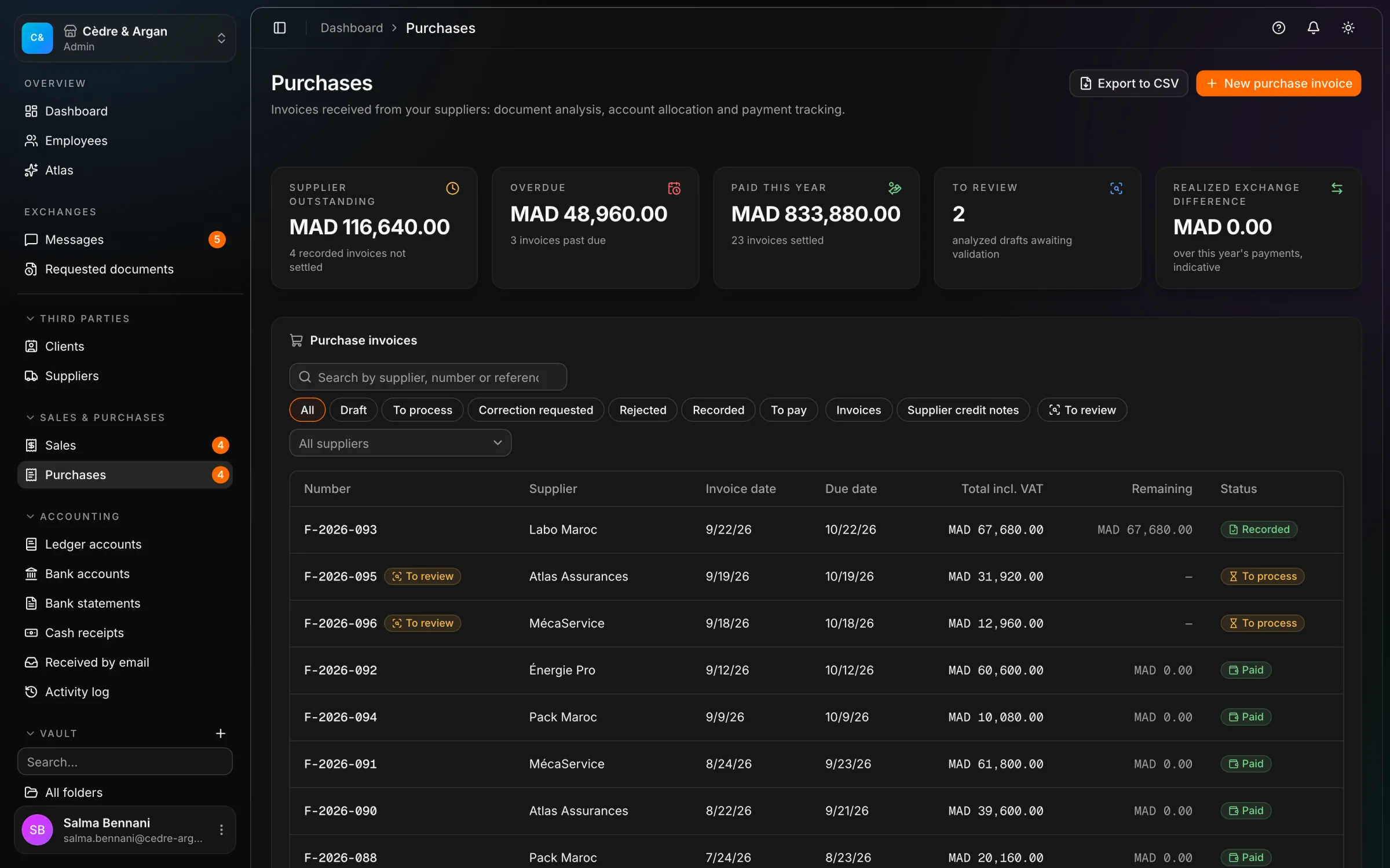 The purchase invoice list in React Box: to approve, to pay, overdue, each with its supplier and amount.