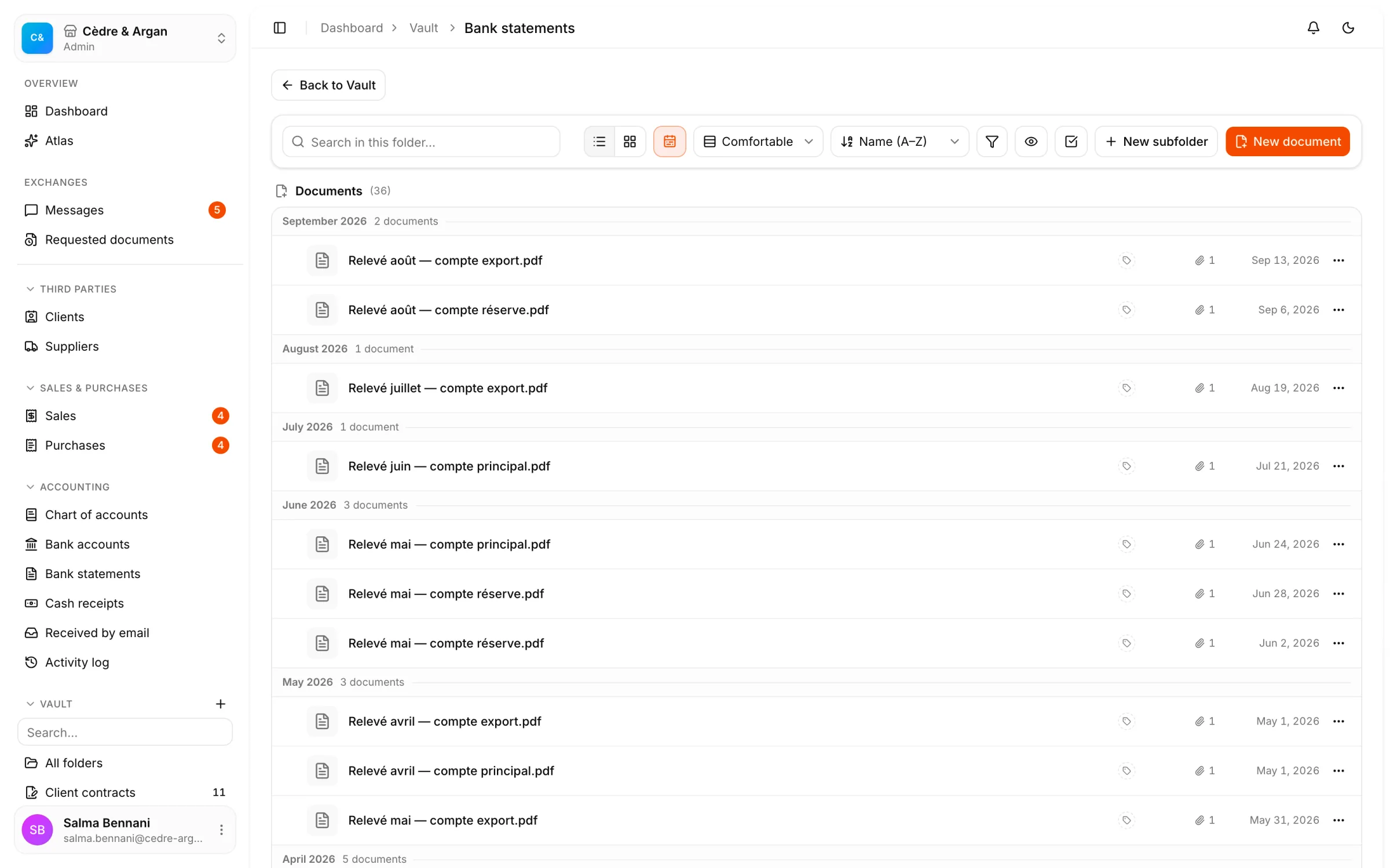 The Bank statements folder in the vault, its PDF statements grouped by month with their filing date.