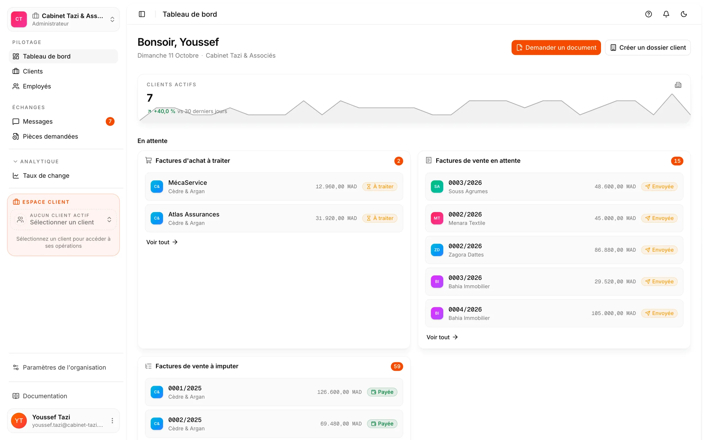 Le tableau de bord d'un cabinet comptable dans React Box : le portefeuille de dossiers clients et ce qui a bougé récemment.