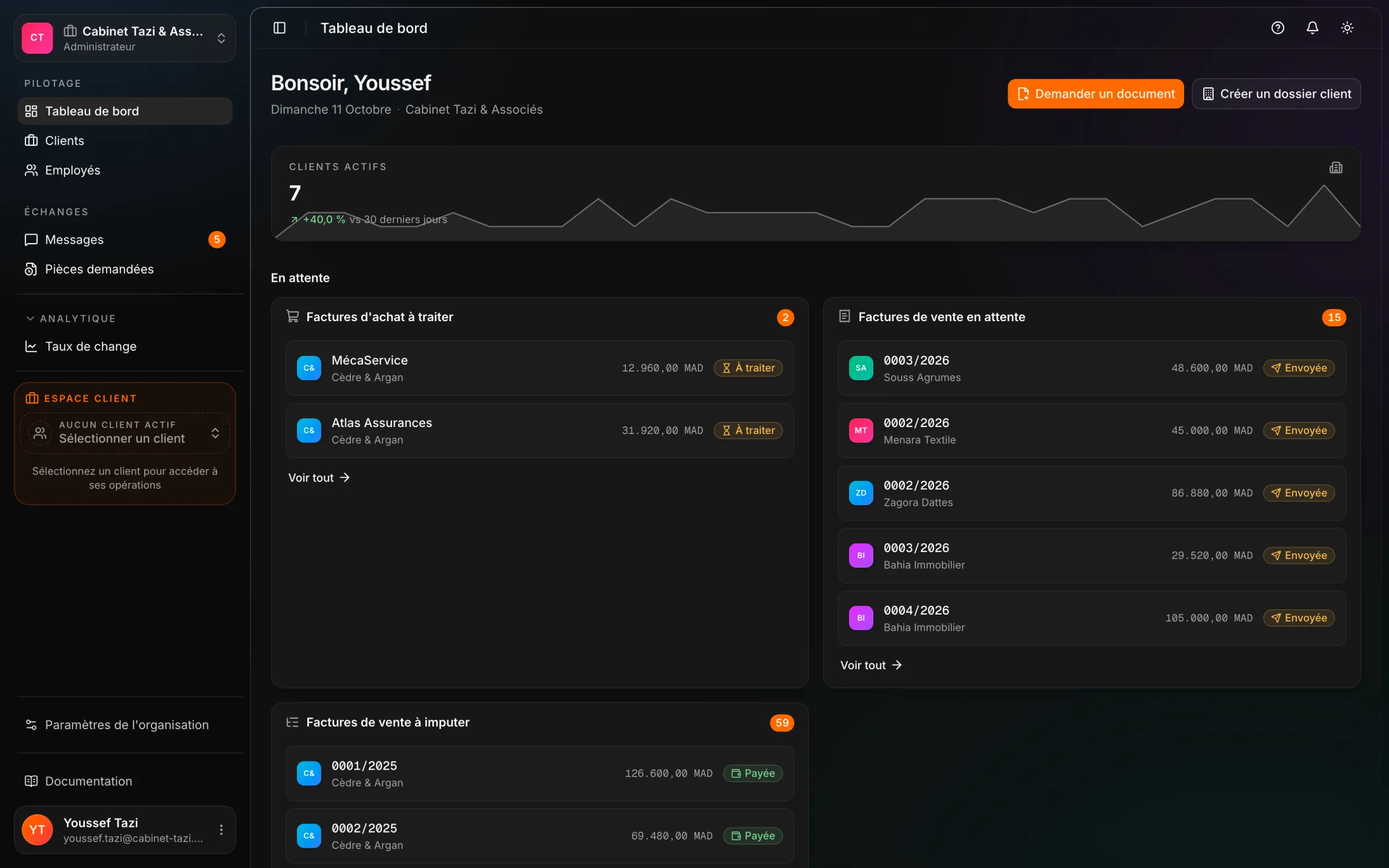 Le tableau de bord d'un cabinet comptable dans React Box : le portefeuille de dossiers clients et ce qui a bougé récemment.
