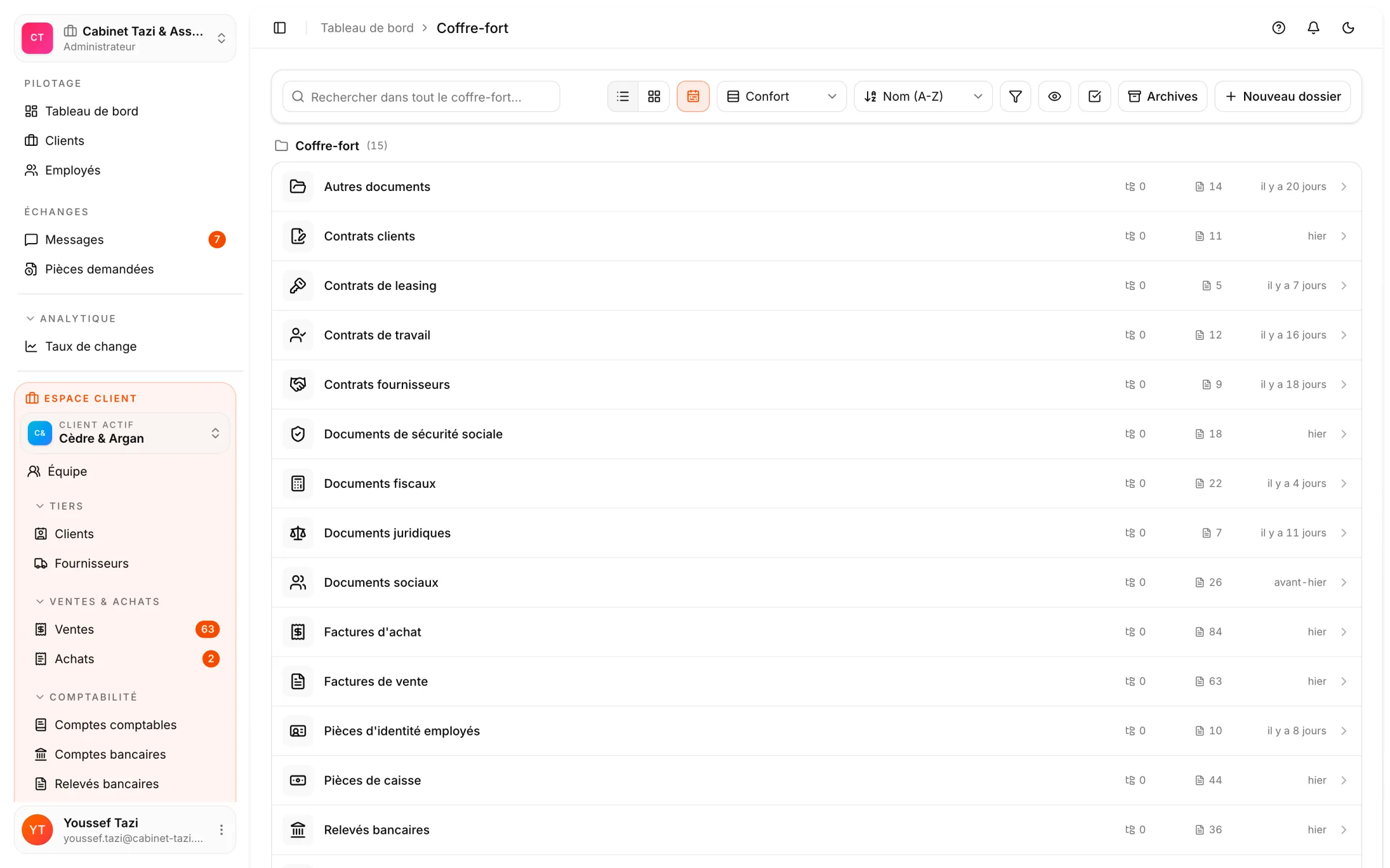 Le coffre-fort d'une entreprise cliente, consulté depuis l'espace cabinet de React Box.