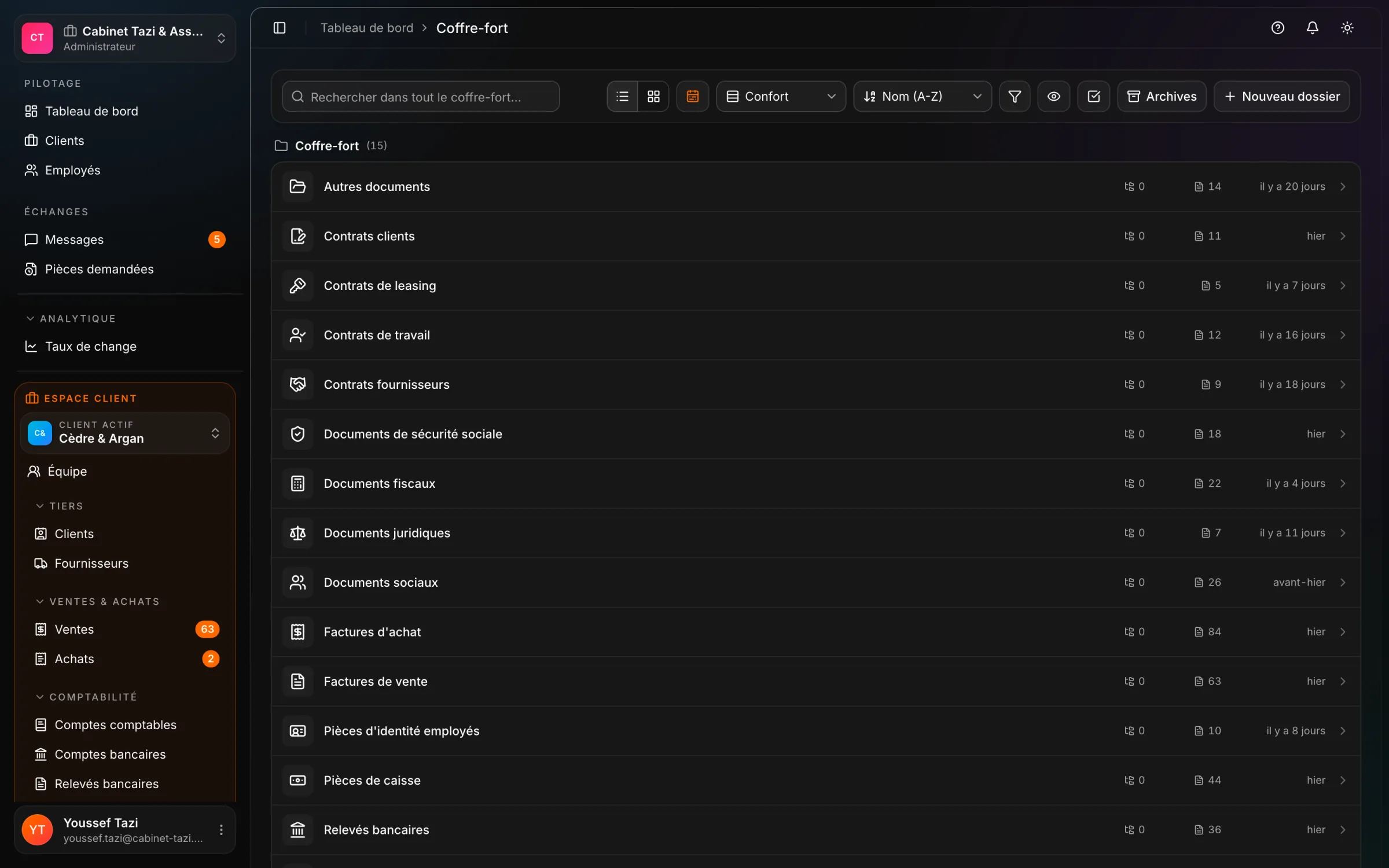 Le coffre-fort d'une entreprise cliente, consulté depuis l'espace cabinet de React Box.