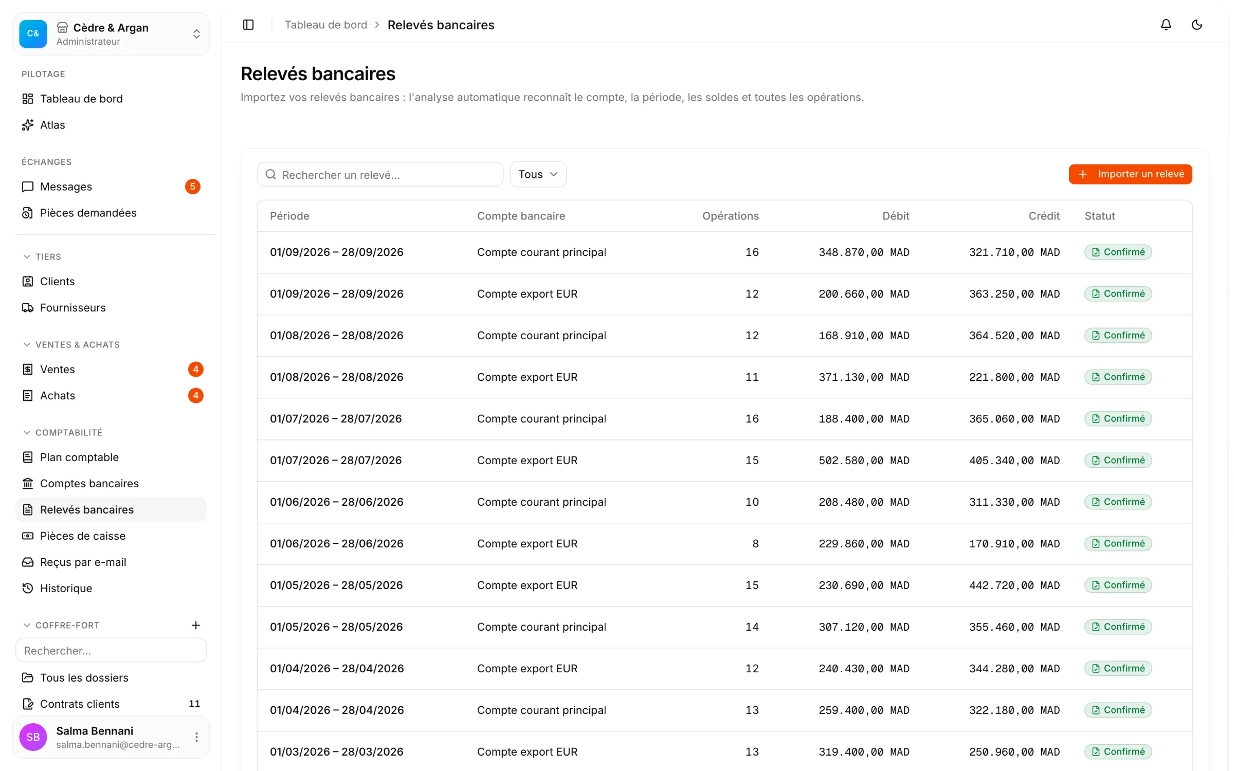 Les relevés bancaires importés dans React Box, par compte et par période, avec leur statut de rapprochement.