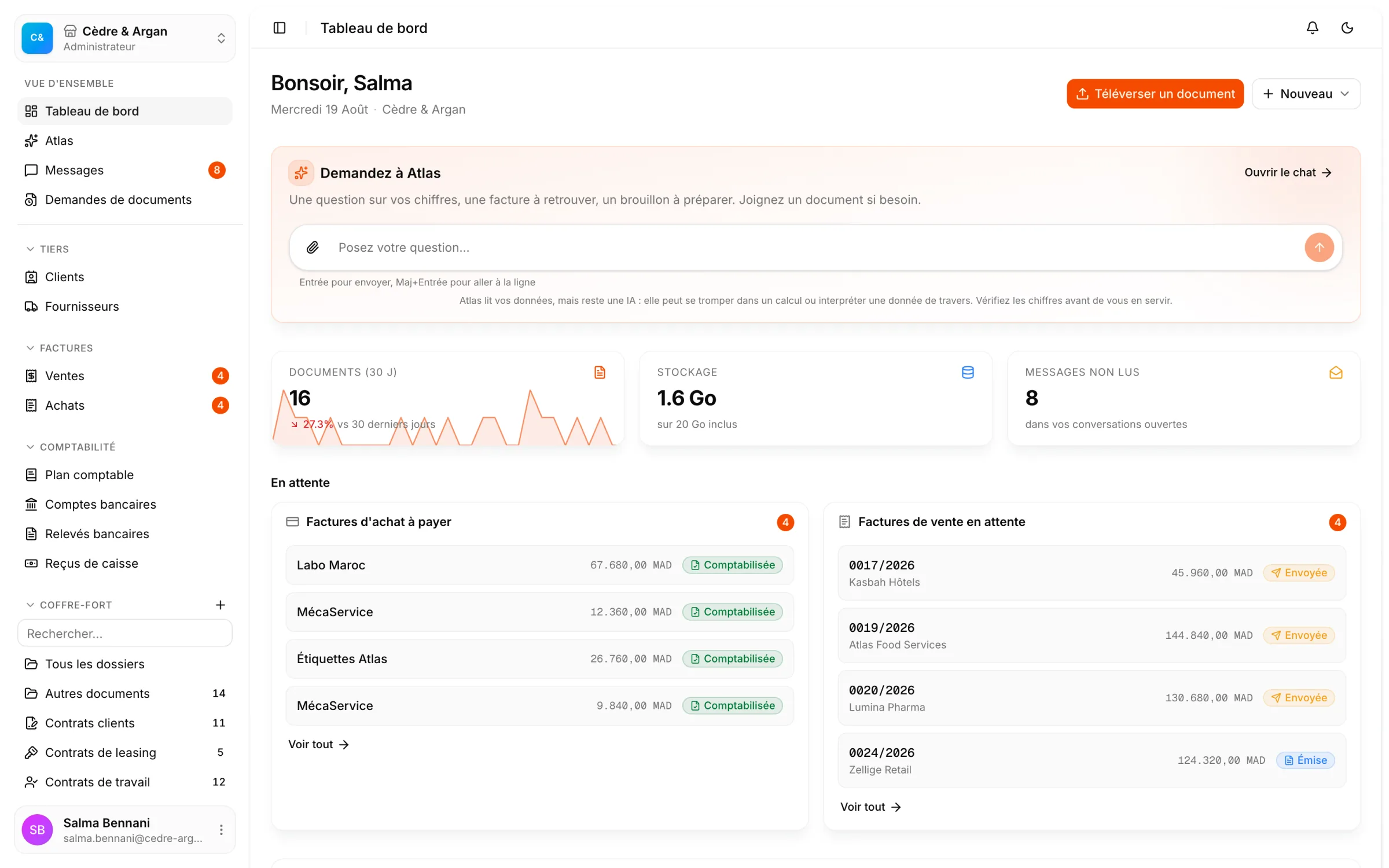 Le tableau de bord React Box : la question posée à Atlas, les documents du mois, le stockage utilisé, et les factures d'achat et de vente qui attendent une action.