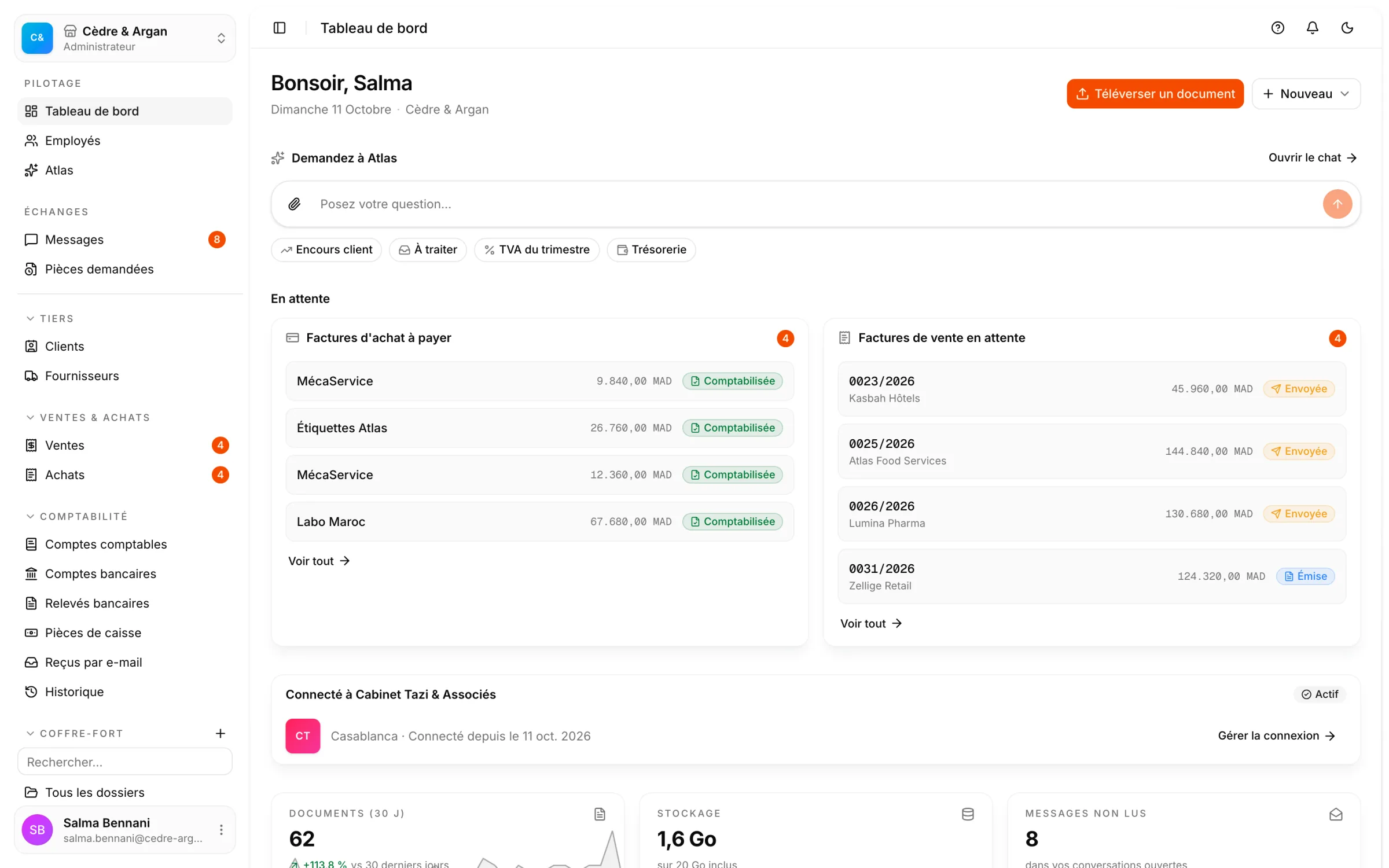 Le tableau de bord React Box : la question posée à Atlas, les documents du mois, le stockage utilisé, et les factures d'achat et de vente qui attendent une action.
