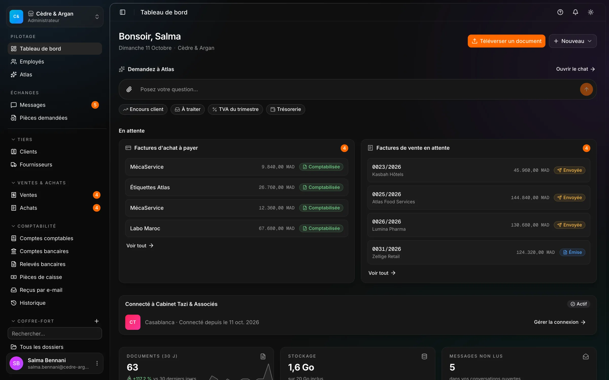 Le tableau de bord React Box : la question posée à Atlas, les documents du mois, le stockage utilisé, et les factures d'achat et de vente qui attendent une action.