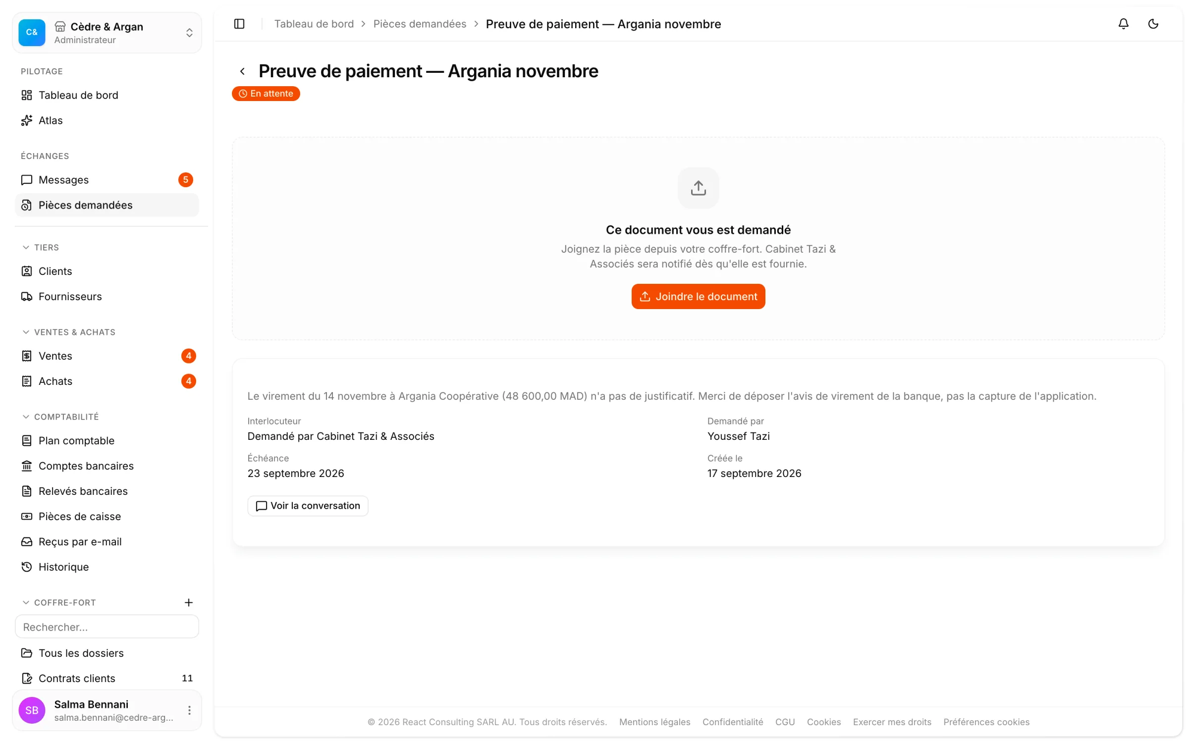 Une demande de document ouverte dans React Box : la pièce attendue, qui l'a demandée, l'échéance et ce qui a été déposé.