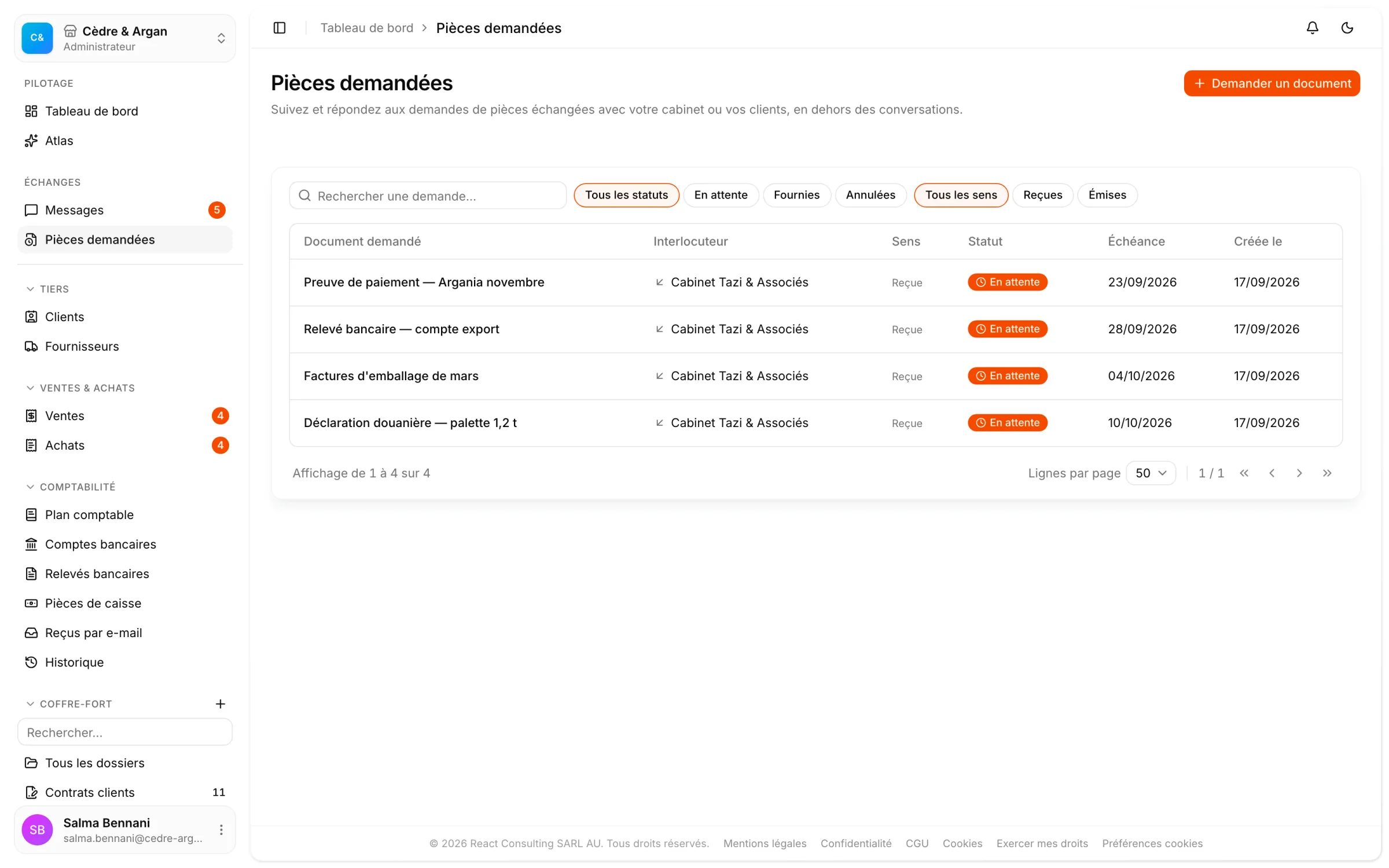 Les demandes de documents en cours dans React Box, chacune avec la pièce attendue, le dossier de destination et son échéance.