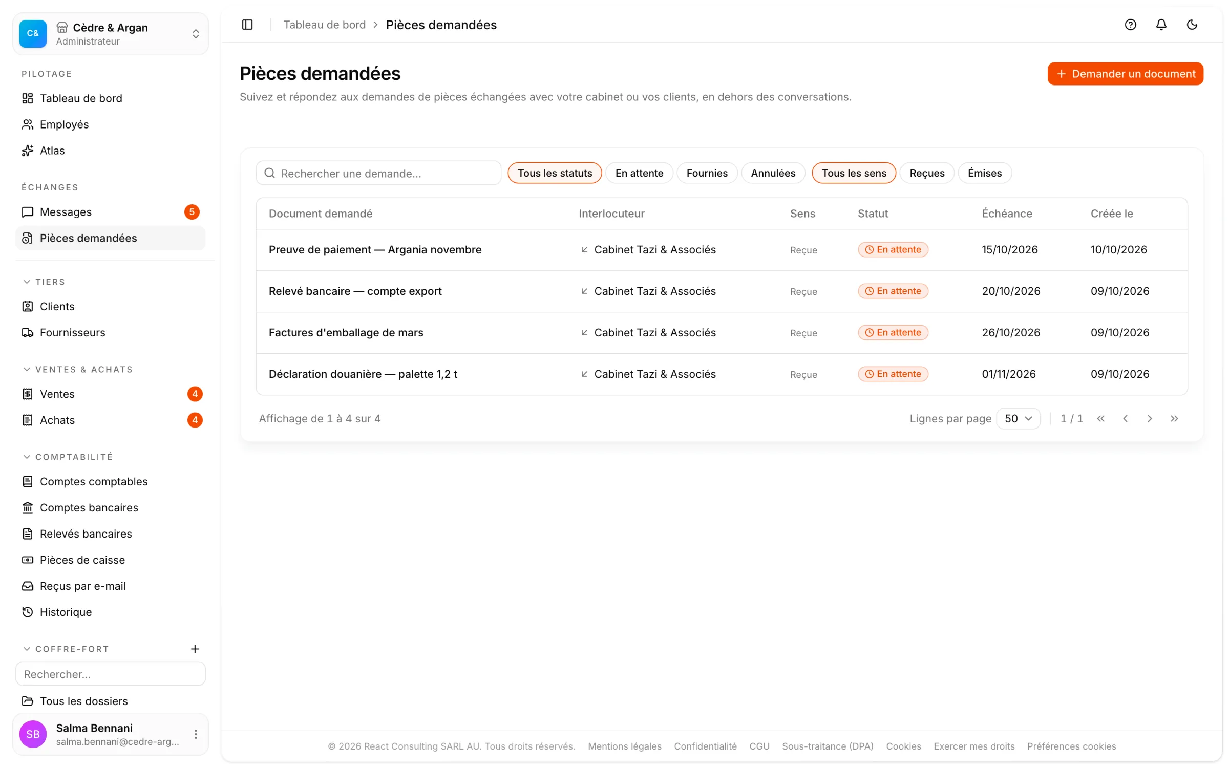 Les demandes de documents en cours dans React Box, chacune avec la pièce attendue, le dossier de destination et son échéance.