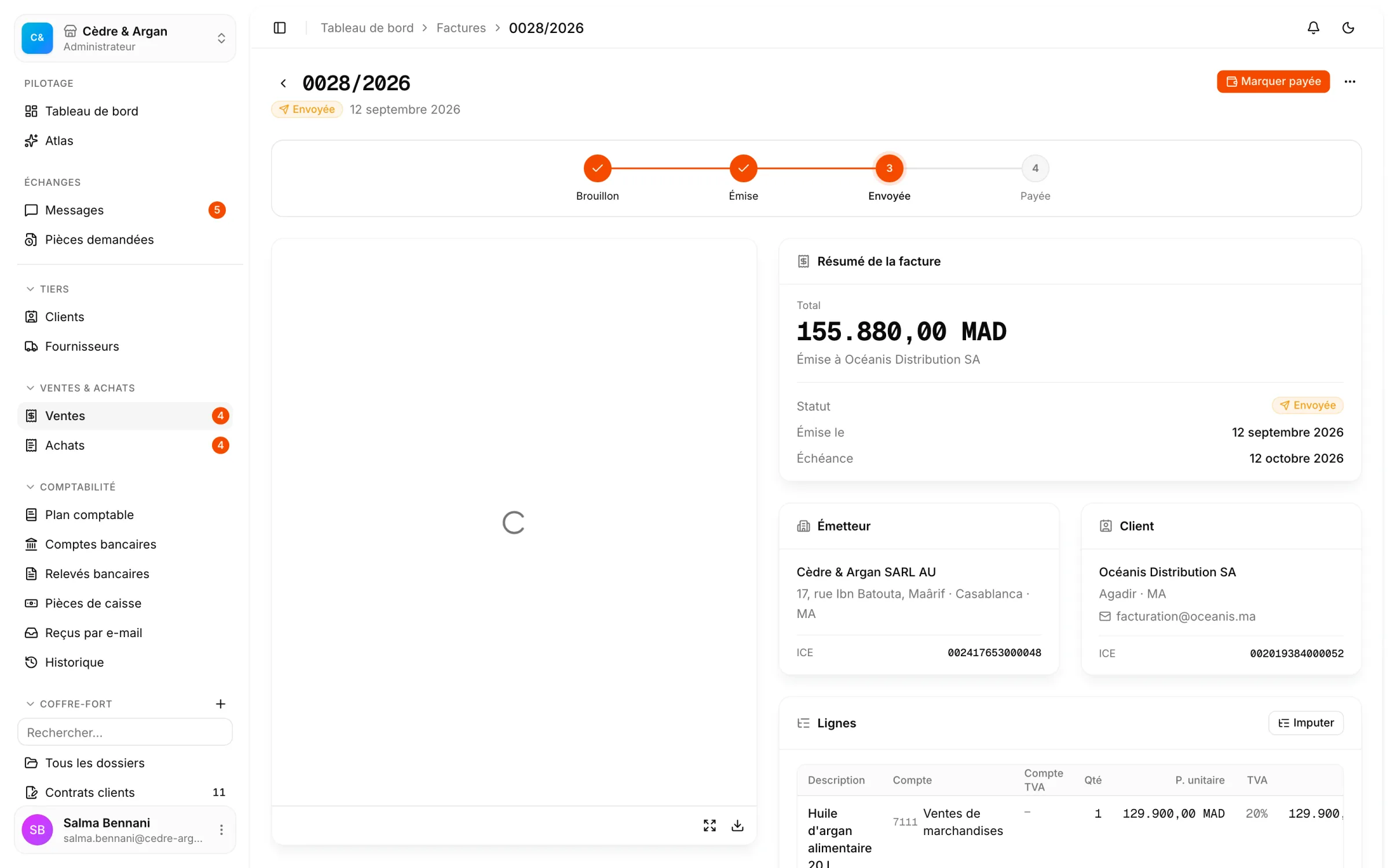 Le détail d'une facture de vente émise : son PDF, son cycle de vie brouillon → émise → envoyée → payée, et ses lignes avec leur compte comptable.