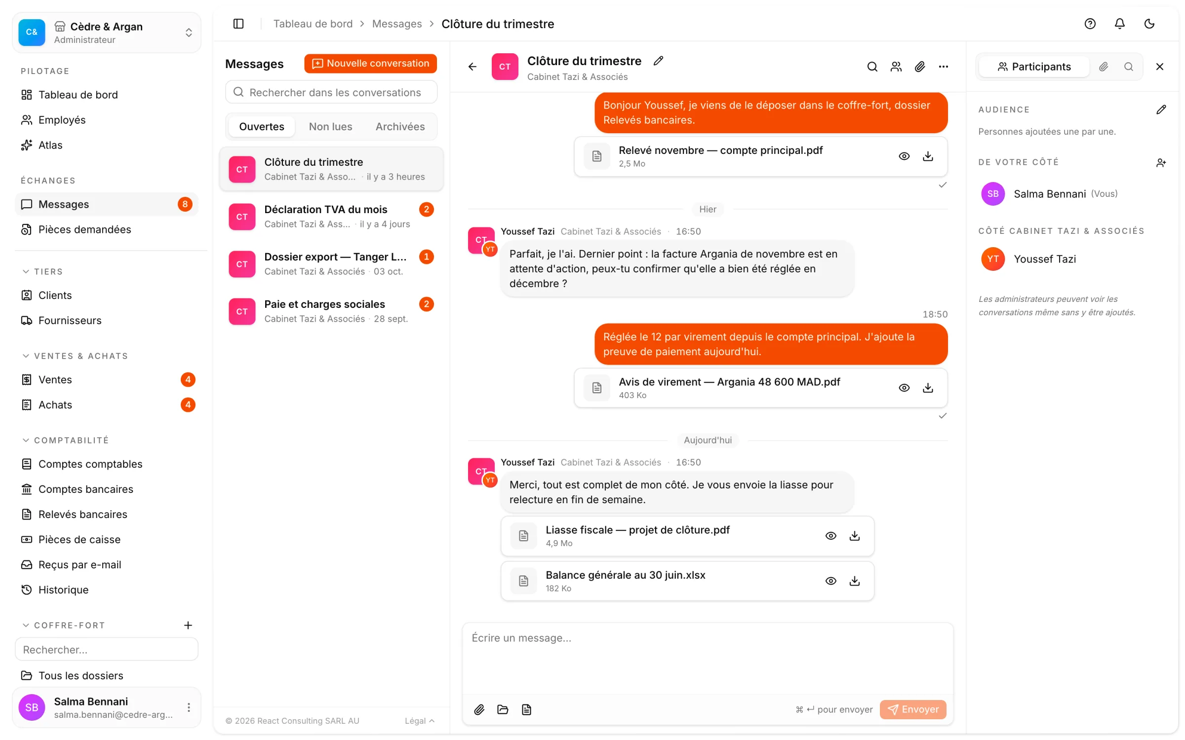 Une conversation entre une entreprise et son cabinet comptable dans React Box, avec les pièces jointes échangées et le panneau des participants.