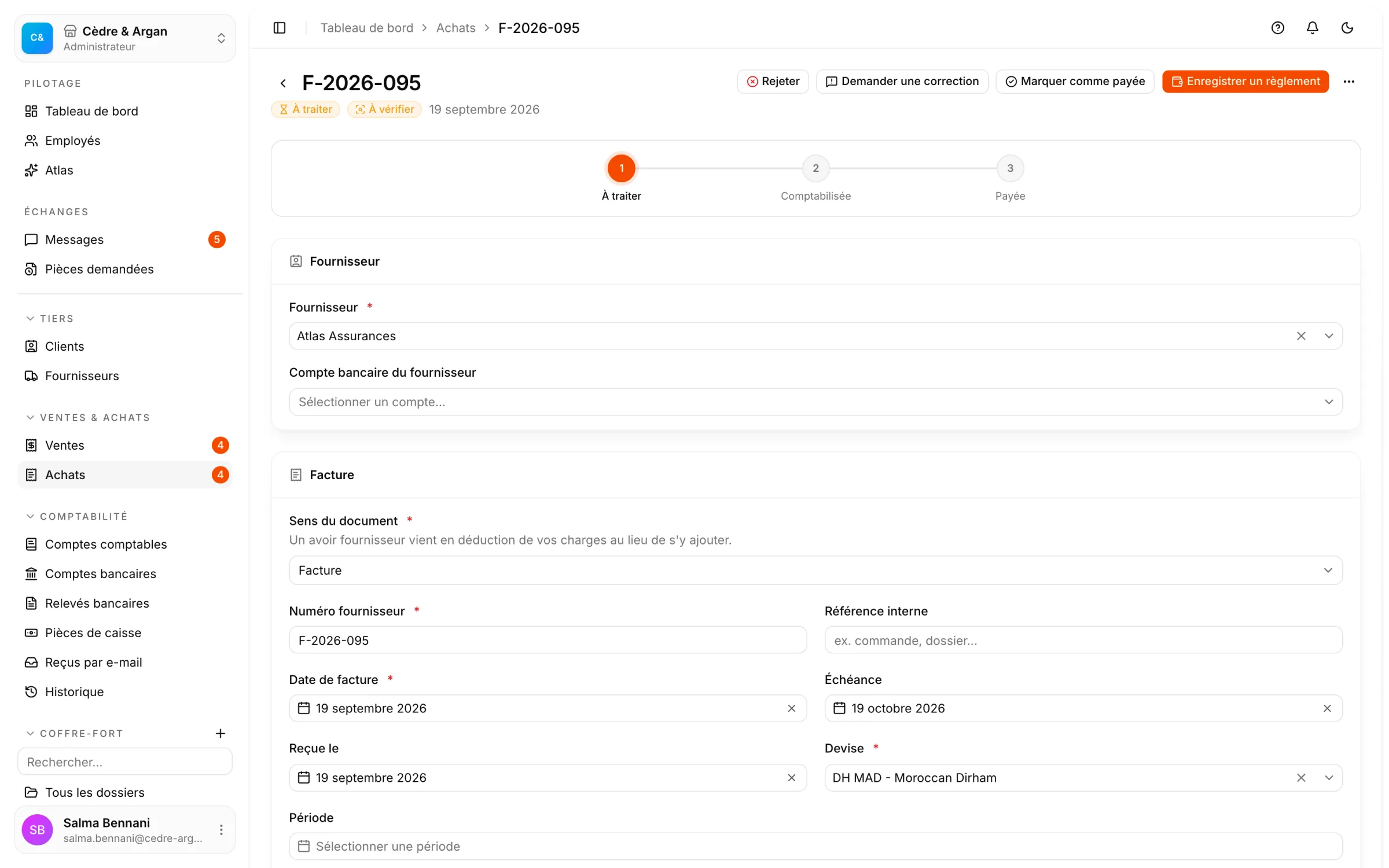 Une facture d'achat lue par l'OCR de React Box : fournisseur, dates et devise pré-remplis, ligne détectée avec sa TVA et son compte de charge.