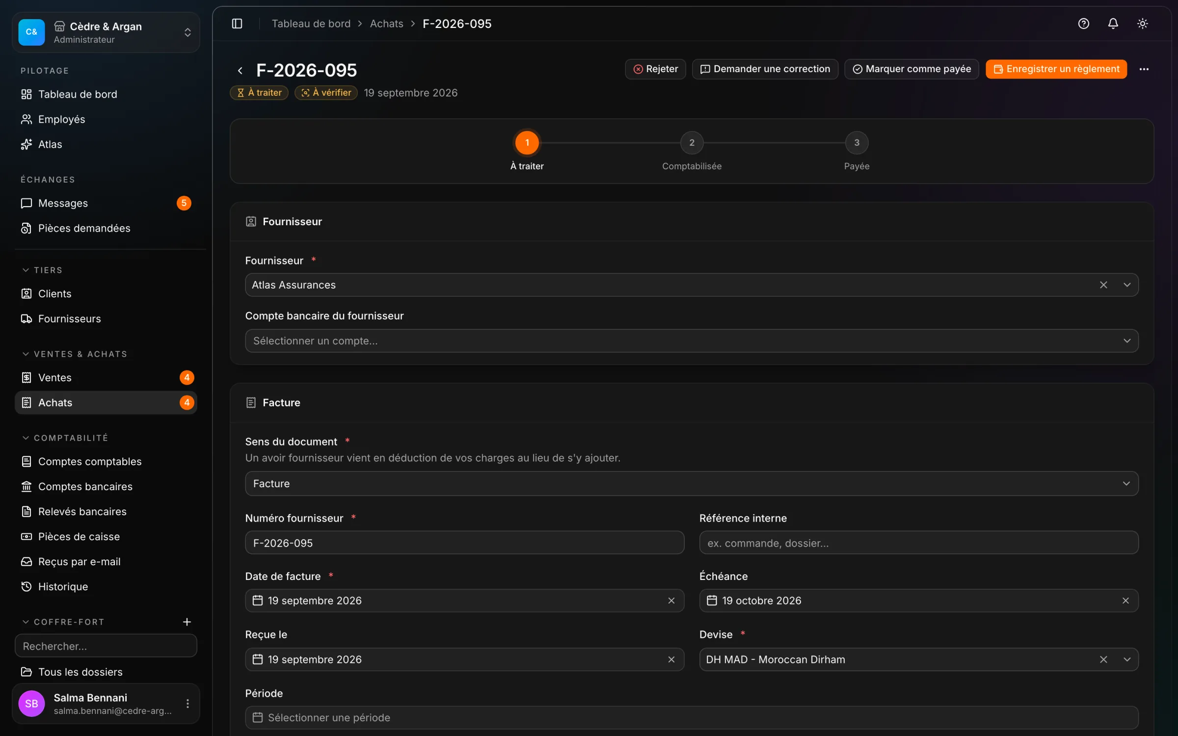 Une facture d'achat lue par l'OCR de React Box : fournisseur, dates et devise pré-remplis, ligne détectée avec sa TVA et son compte de charge.