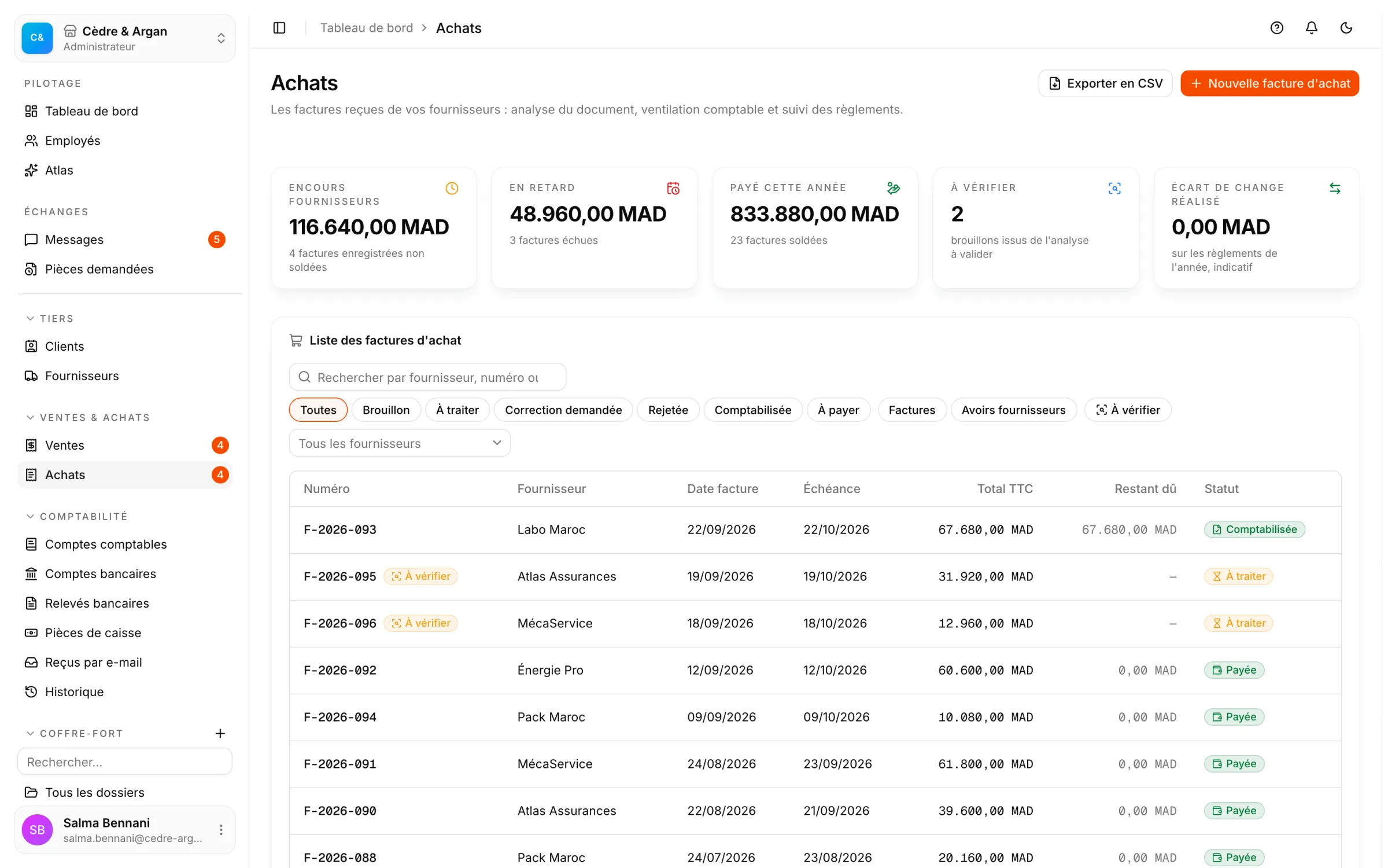 La liste des factures d'achat dans React Box : à valider, à payer, en retard, chacune avec son fournisseur et son montant.