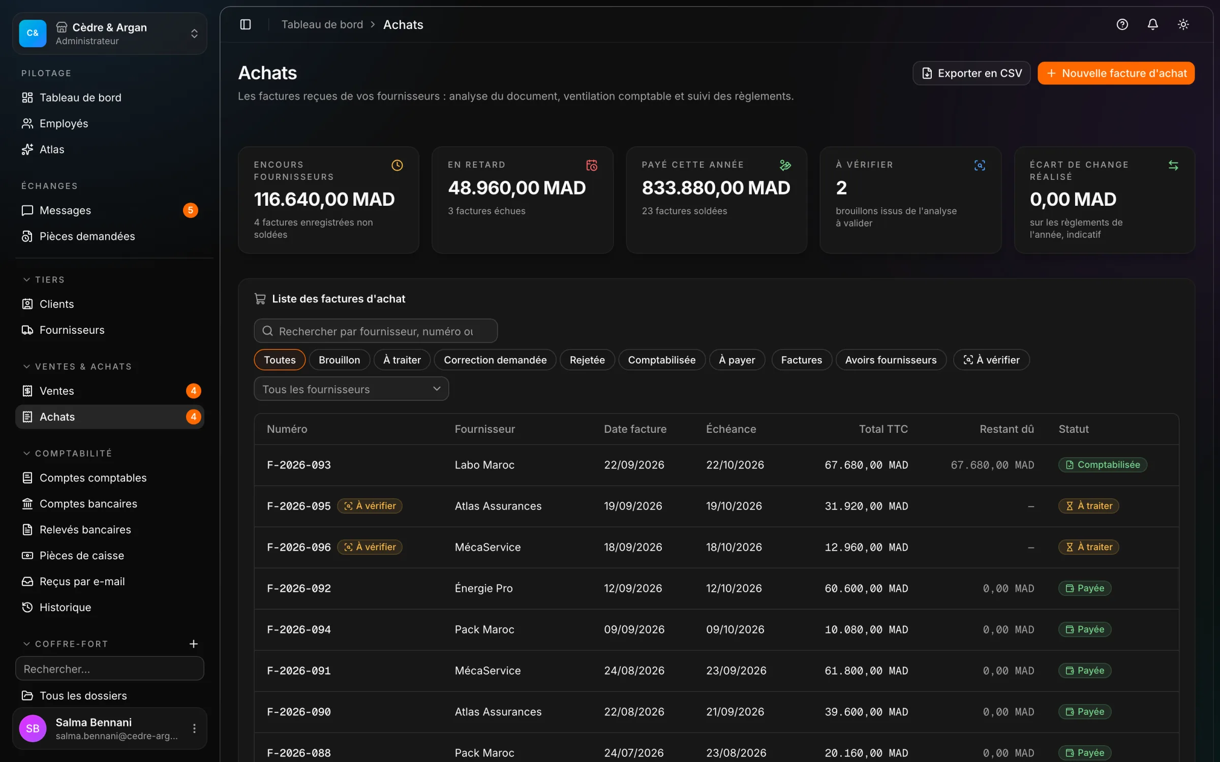 La liste des factures d'achat dans React Box : à valider, à payer, en retard, chacune avec son fournisseur et son montant.